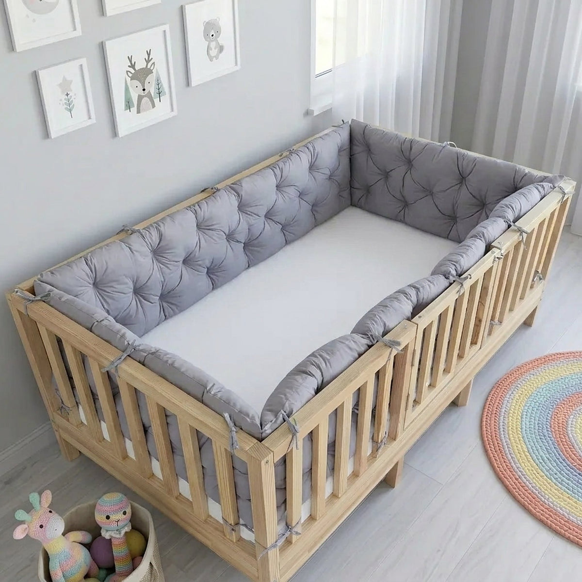 Beşik Kenar Koruma Minderi %100 Pamuk - Montessori Yatak Uyumlu - Gri - Buble Soft