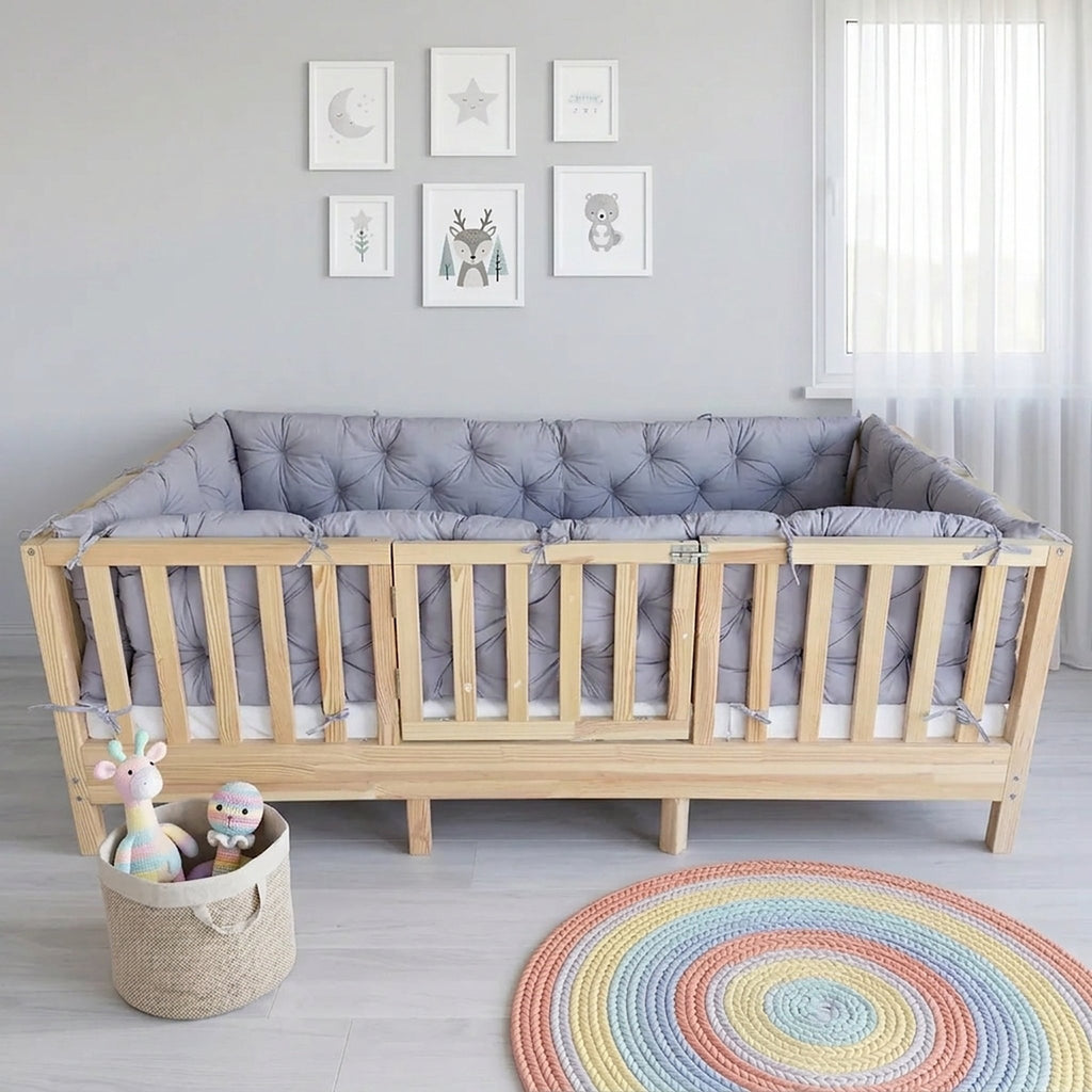 Beşik Kenar Koruma Minderi %100 Pamuk - Montessori Yatak Uyumlu - Gri - Buble Soft
