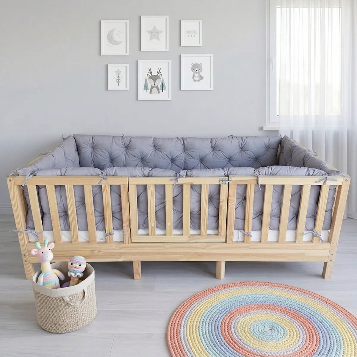 Beşik Kenar Koruma Minderi %100 Pamuk - Montessori Yatak Uyumlu - Gri - Buble Soft