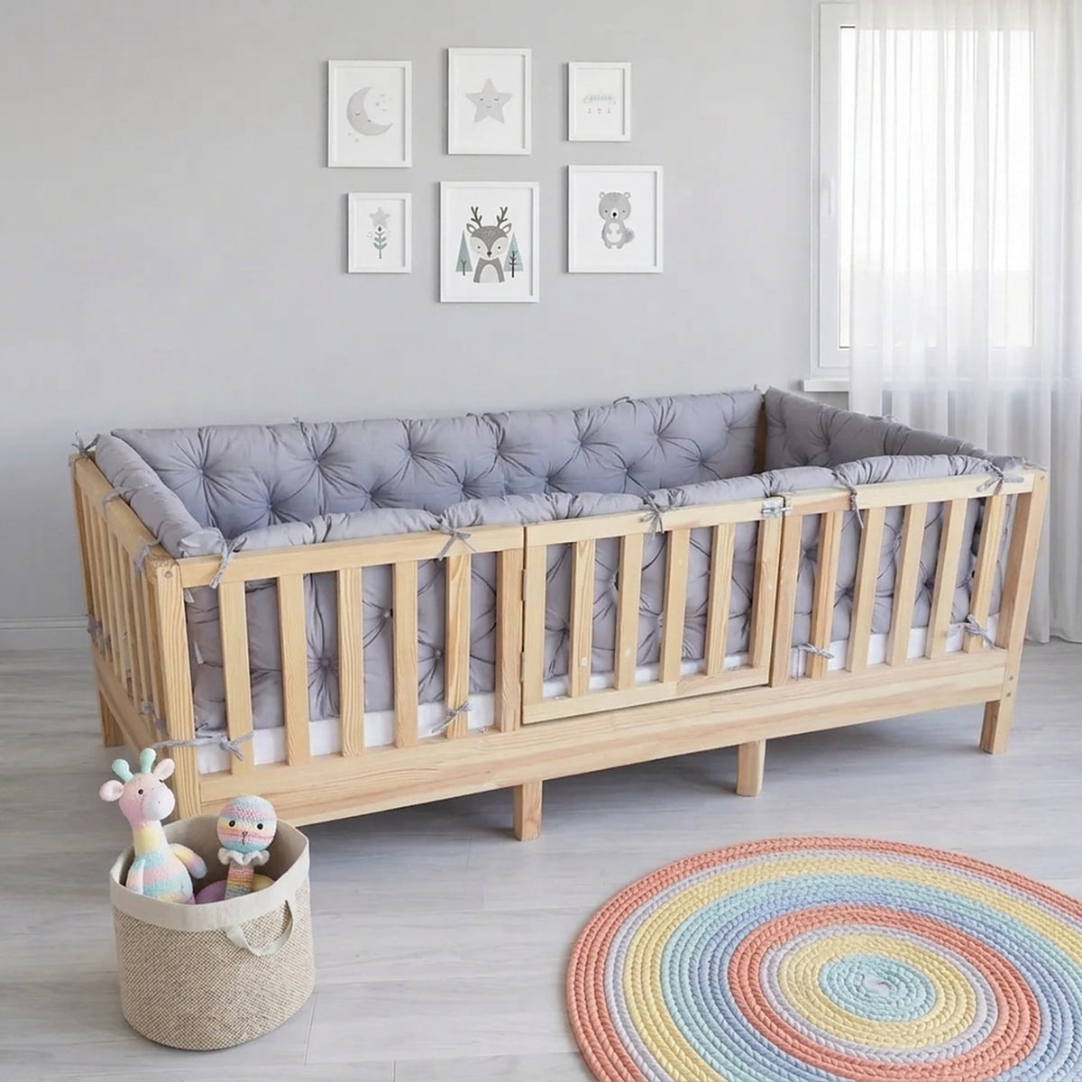 Beşik Kenar Koruma Minderi %100 Pamuk - Montessori Yatak Uyumlu - Gri - Buble Soft