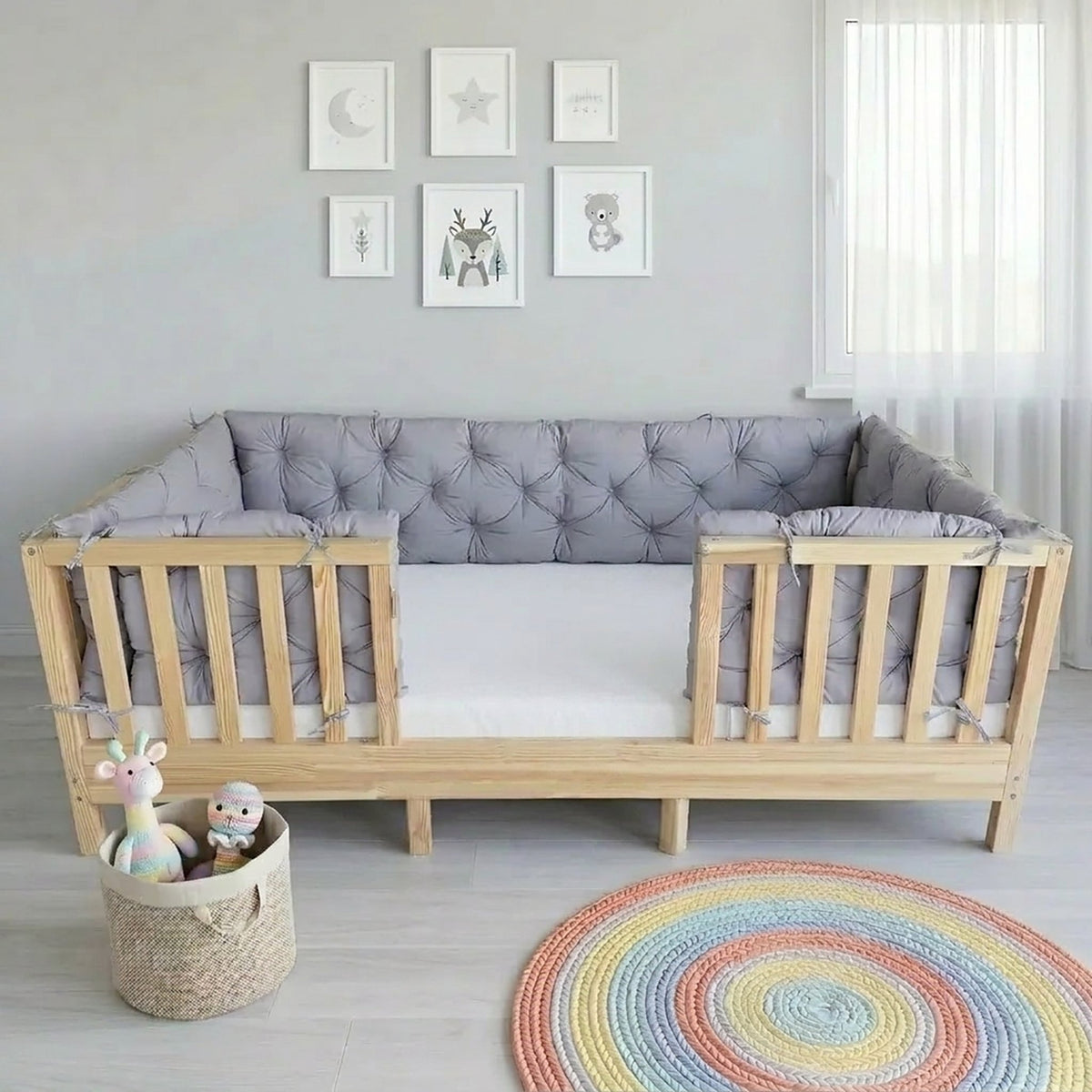 Beşik Kenar Koruma Minderi %100 Pamuk - Montessori Yatak Uyumlu - Gri - Buble Soft