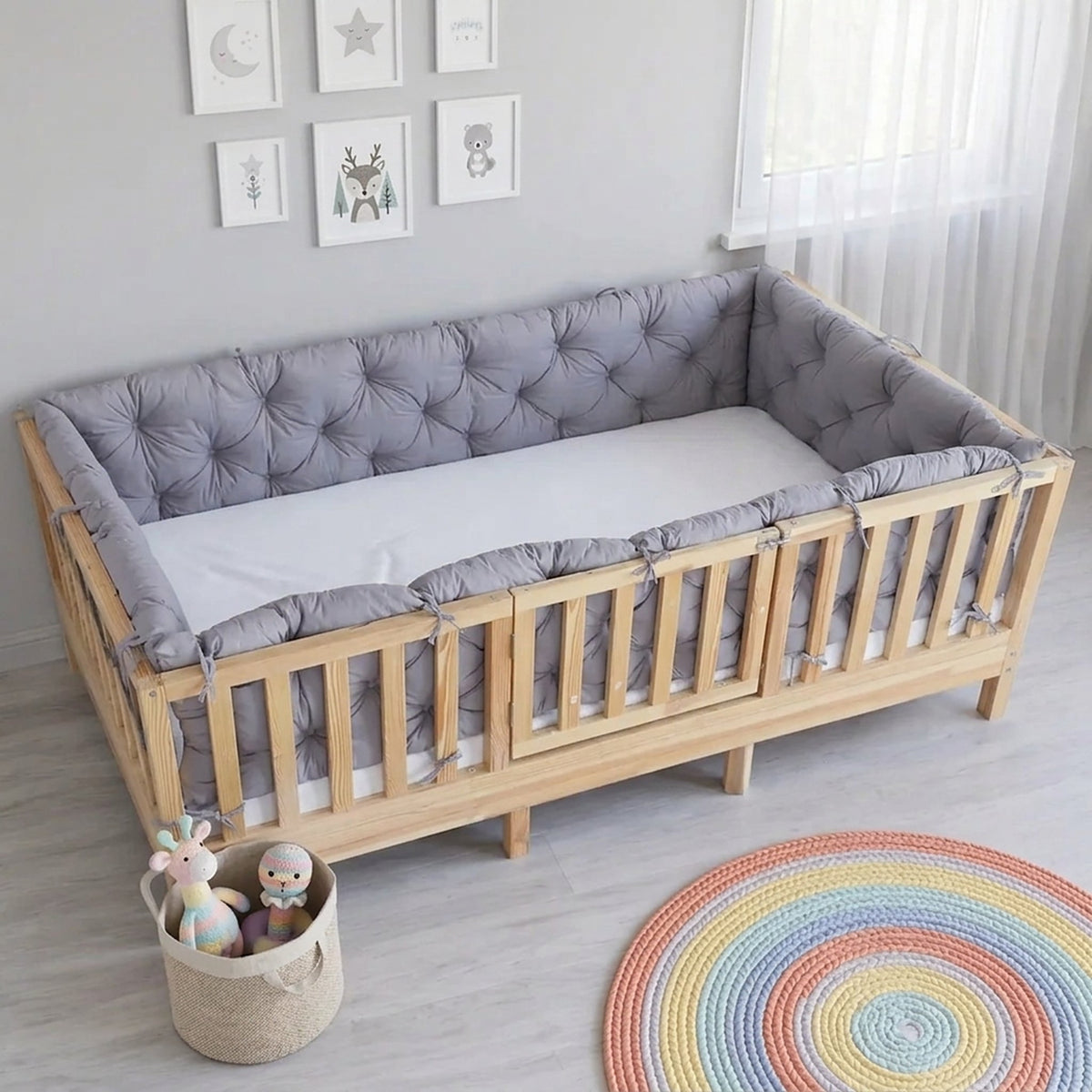 Beşik Kenar Koruma Minderi %100 Pamuk - Montessori Yatak Uyumlu - Gri - Buble Soft