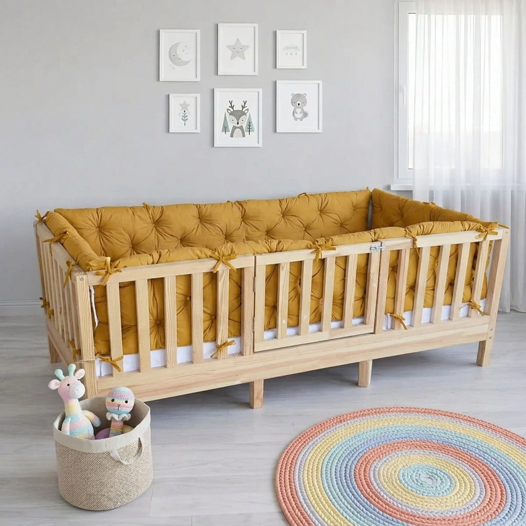 Beşik Kenar Koruma Minderi %100 Pamuk - Montessori Yatak Uyumlu - Hardal Sarı - Buble Soft
