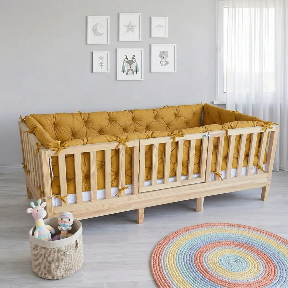 Beşik Kenar Koruma Minderi %100 Pamuk - Montessori Yatak Uyumlu - Hardal Sarı - Buble Soft
