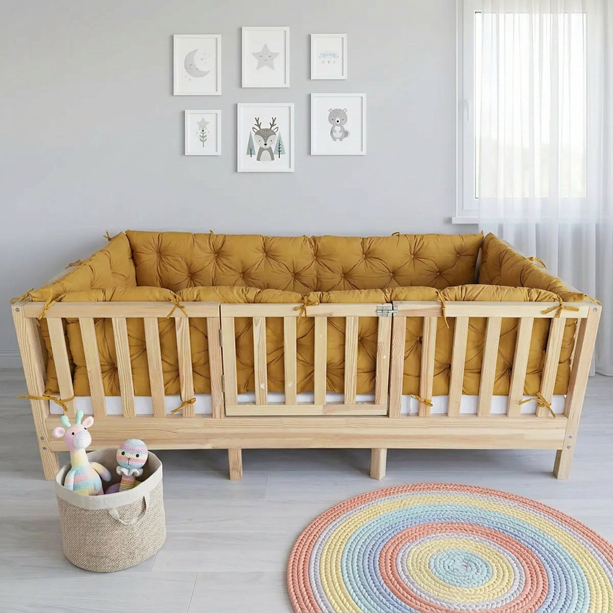 Beşik Kenar Koruma Minderi %100 Pamuk - Montessori Yatak Uyumlu - Hardal Sarı - Buble Soft