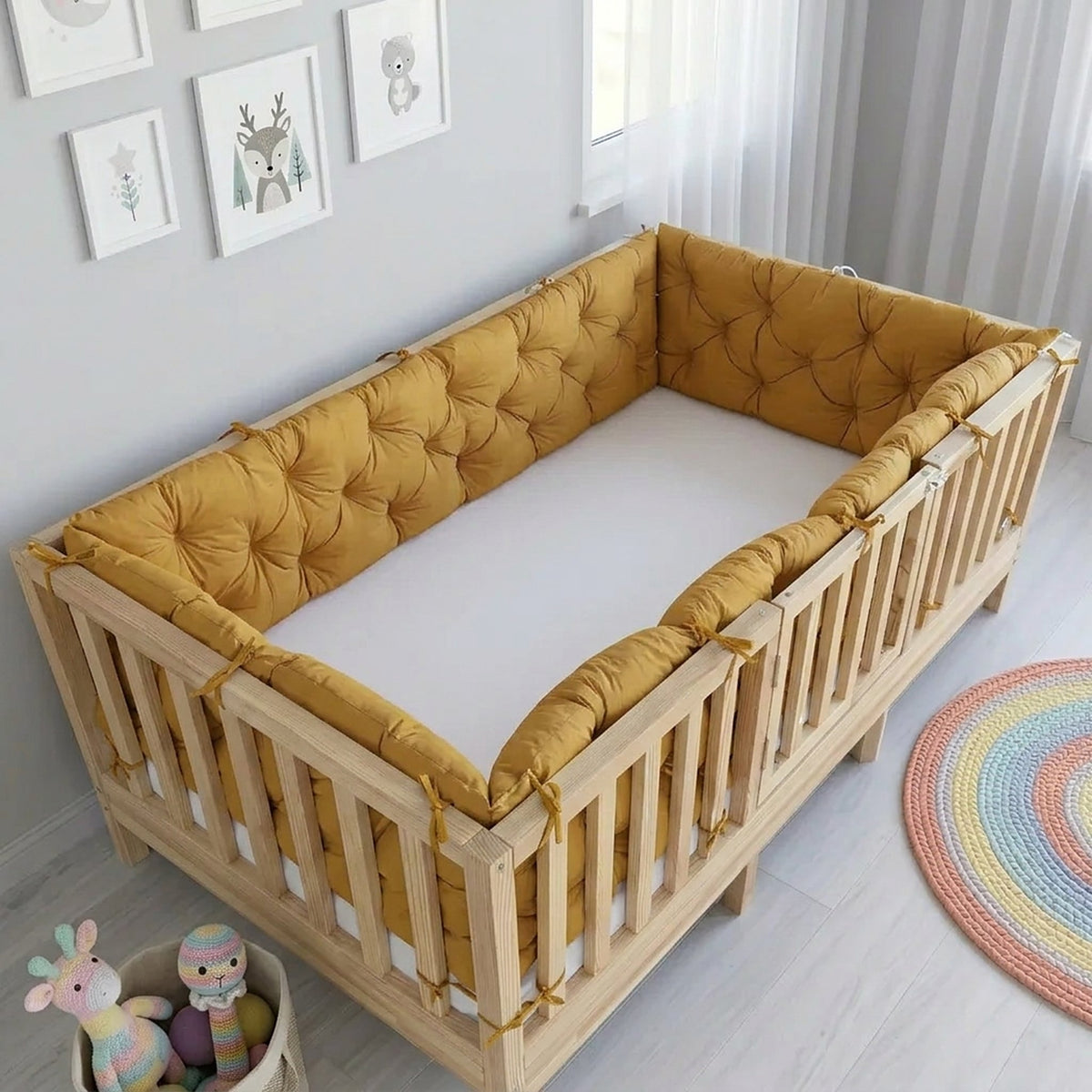 Beşik Kenar Koruma Minderi %100 Pamuk - Montessori Yatak Uyumlu - Hardal Sarı - Buble Soft
