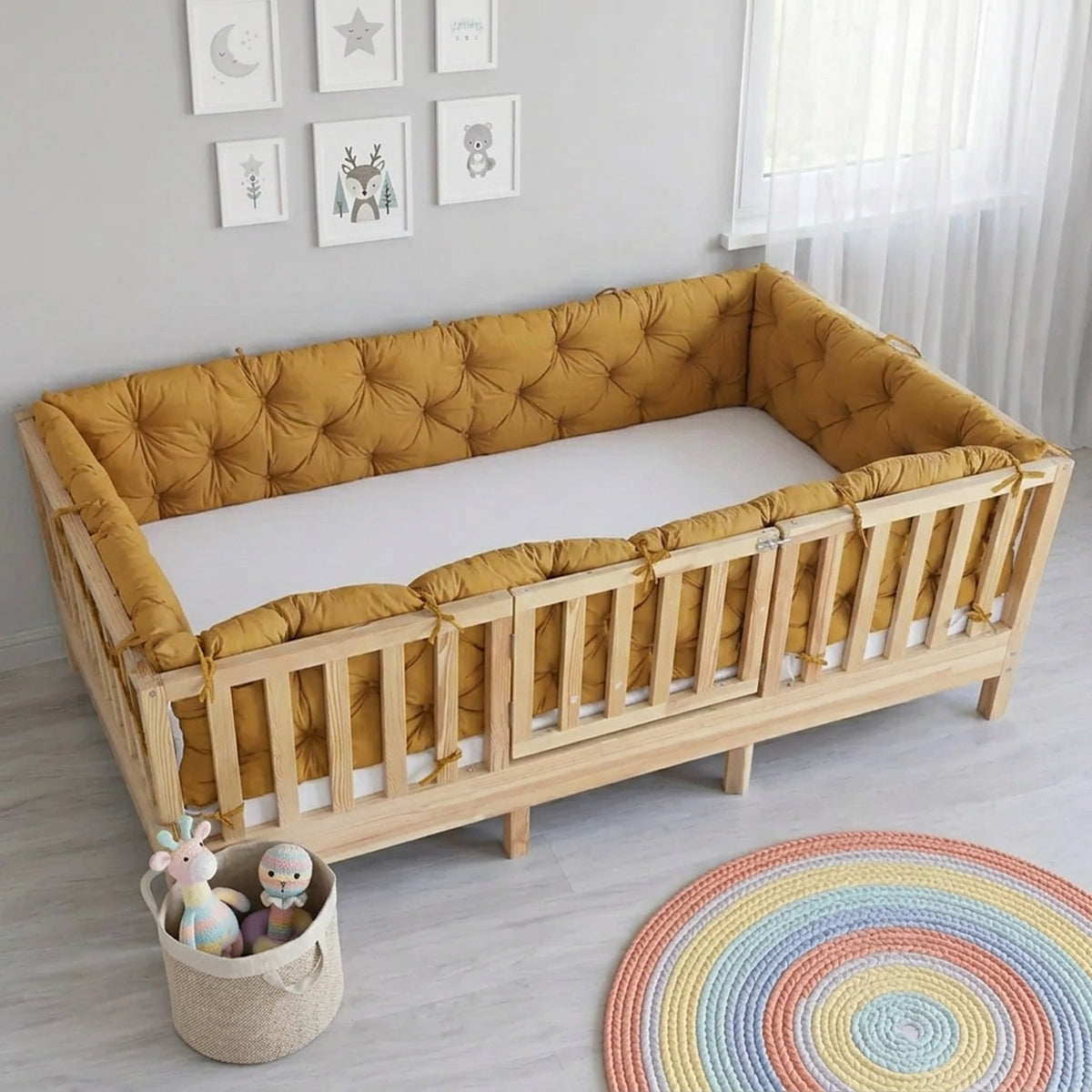 Beşik Kenar Koruma Minderi %100 Pamuk - Montessori Yatak Uyumlu - Hardal Sarı - Buble Soft