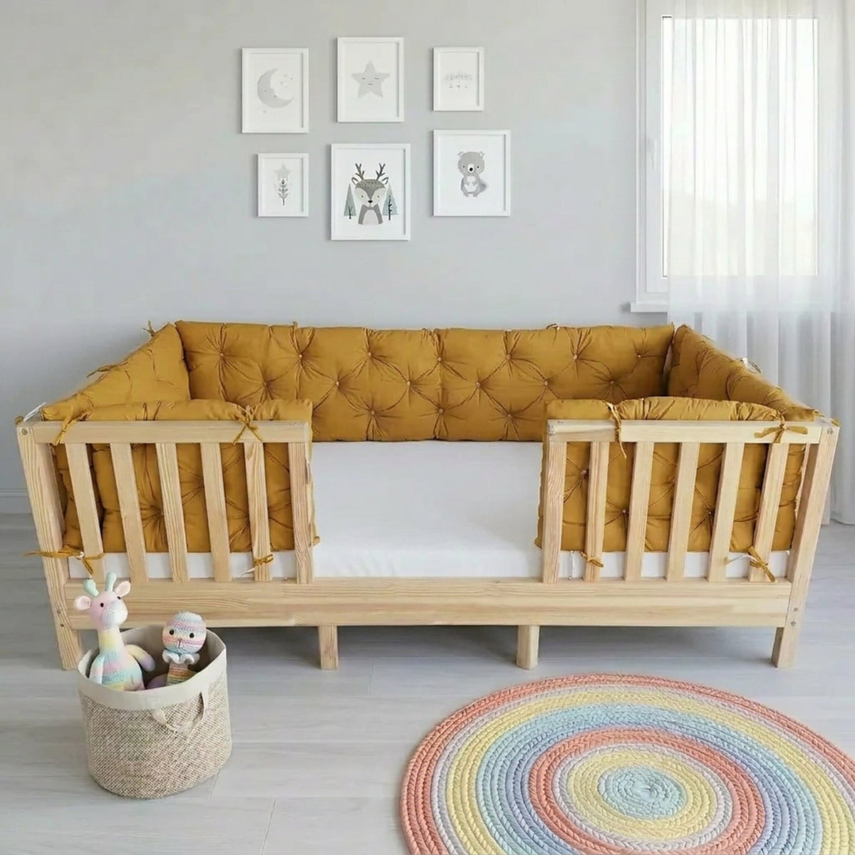 Beşik Kenar Koruma Minderi %100 Pamuk - Montessori Yatak Uyumlu - Hardal Sarı - Buble Soft