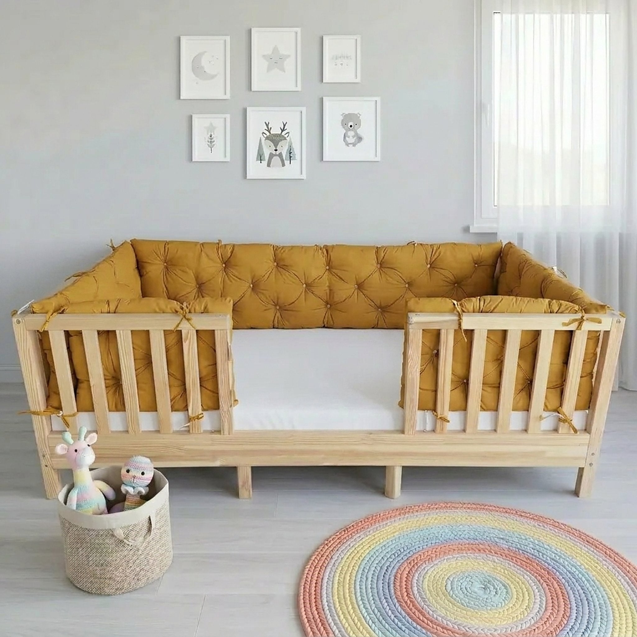 Beşik Kenar Koruma Minderi %100 Pamuk - Montessori Yatak Uyumlu - Hardal Sarı - Buble Soft
