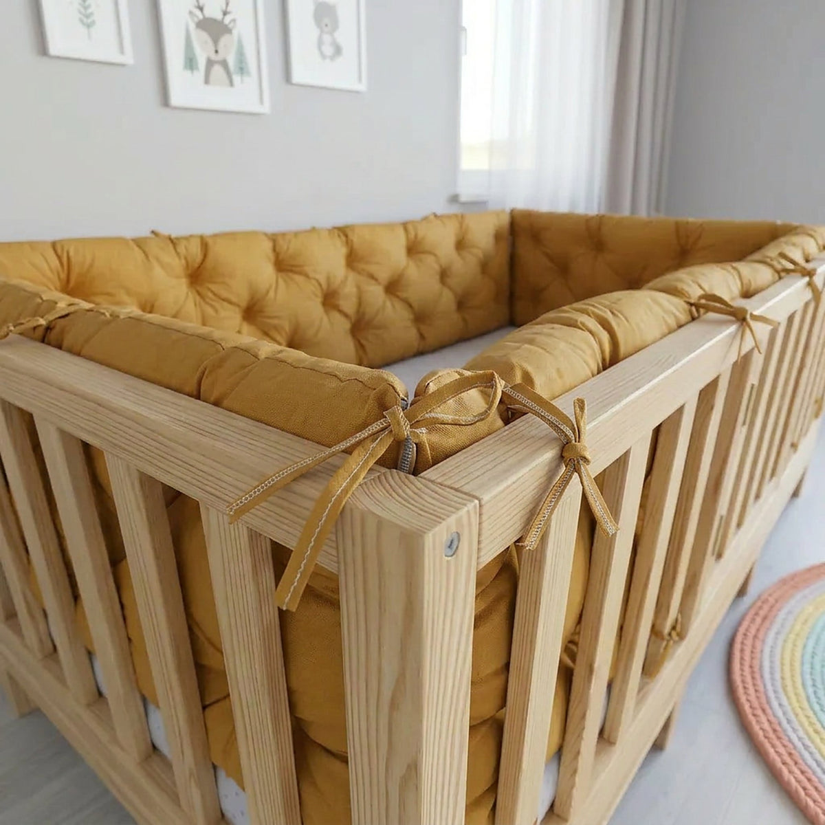 Beşik Kenar Koruma Minderi %100 Pamuk - Montessori Yatak Uyumlu - Hardal Sarı - Buble Soft