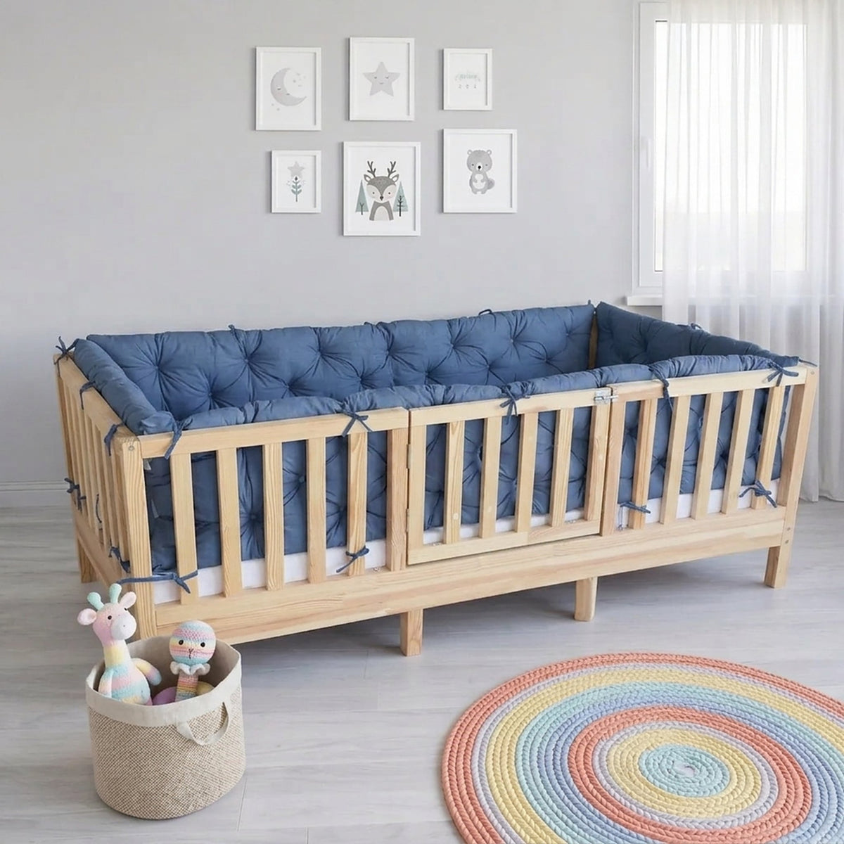 Beşik Kenar Koruma Minderi %100 Pamuk - Montessori Yatak Uyumlu - İndigo Mavi - Buble Soft