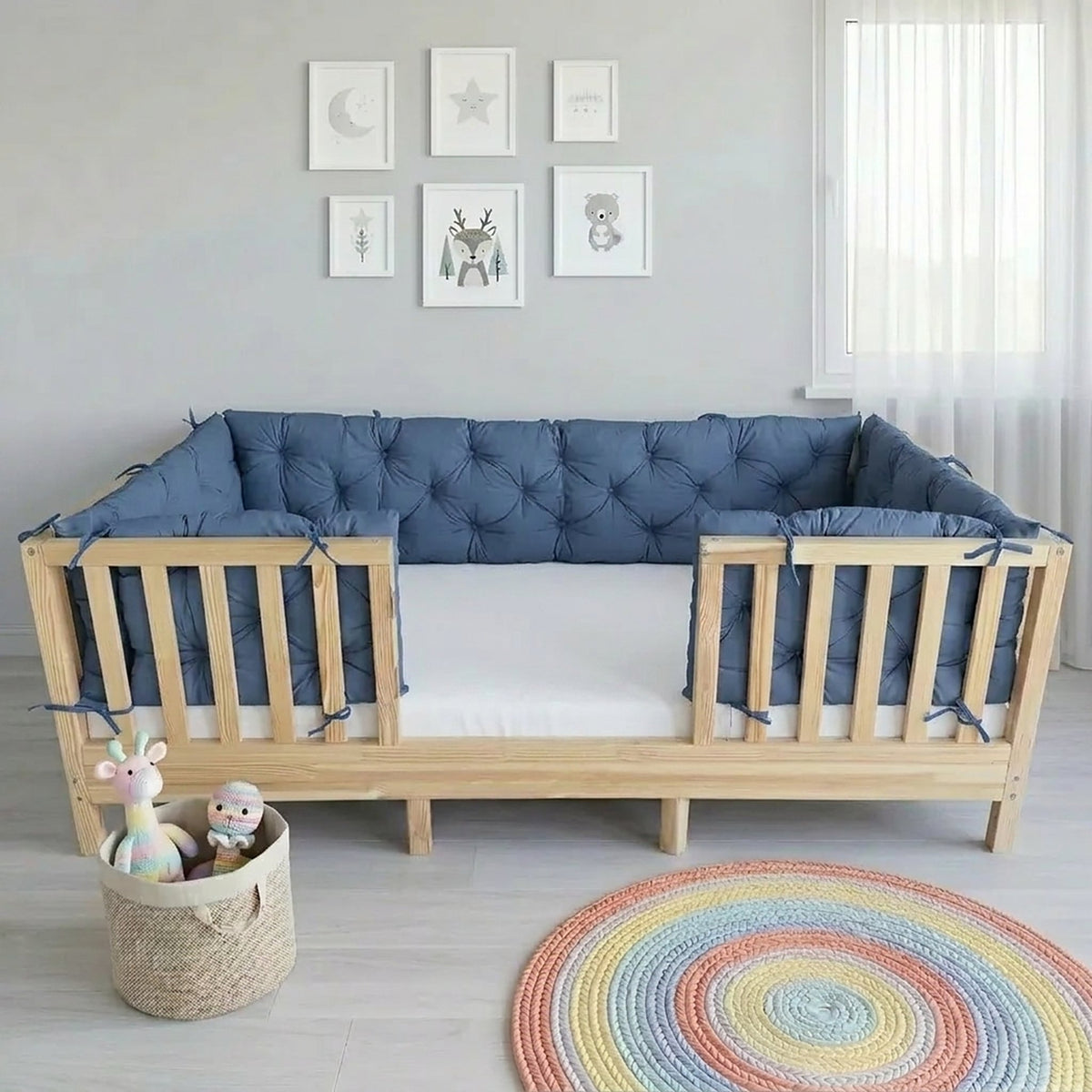Beşik Kenar Koruma Minderi %100 Pamuk - Montessori Yatak Uyumlu - İndigo Mavi - Buble Soft