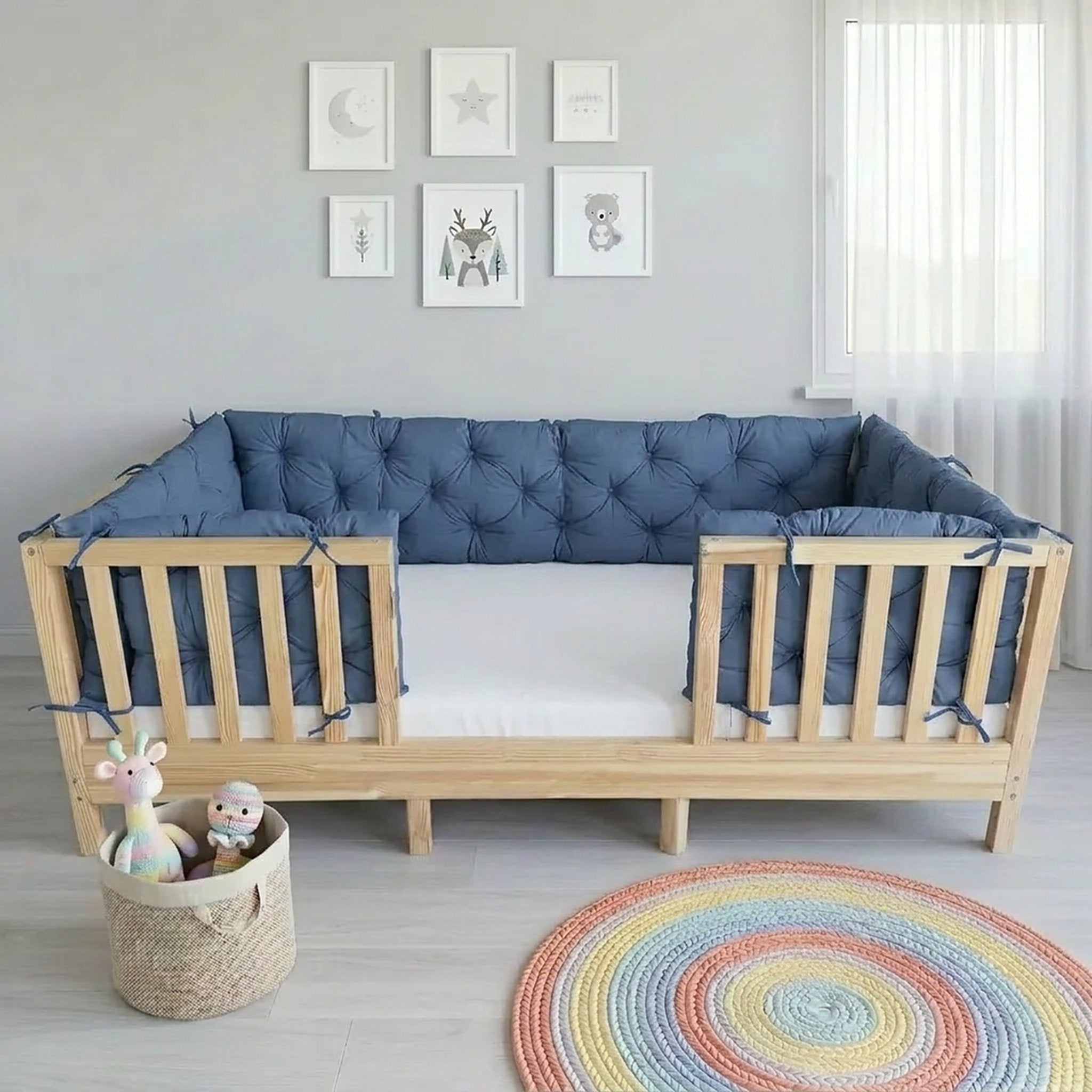 Beşik Kenar Koruma Minderi %100 Pamuk - Montessori Yatak Uyumlu - İndigo Mavi - Buble Soft