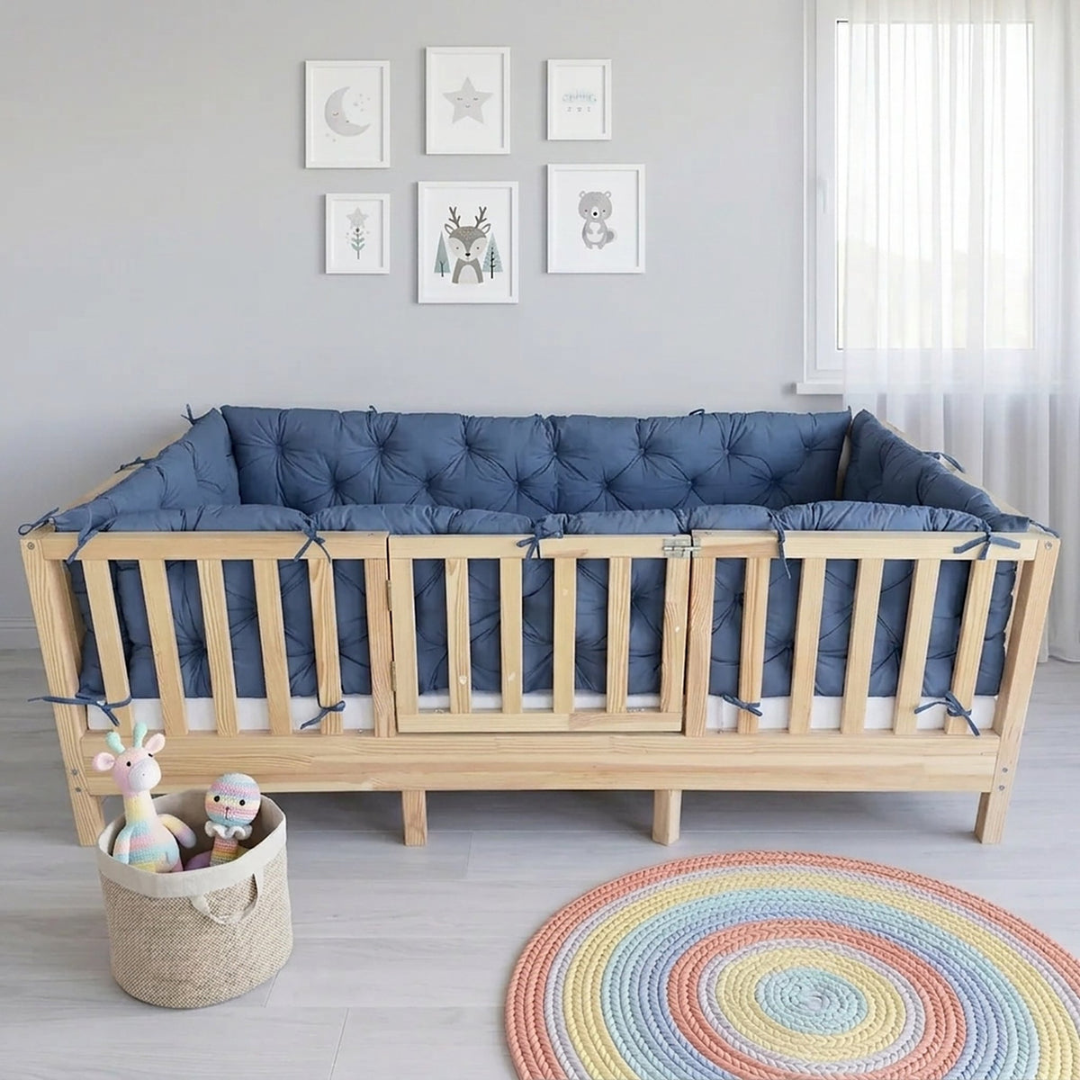 Beşik Kenar Koruma Minderi %100 Pamuk - Montessori Yatak Uyumlu - İndigo Mavi - Buble Soft