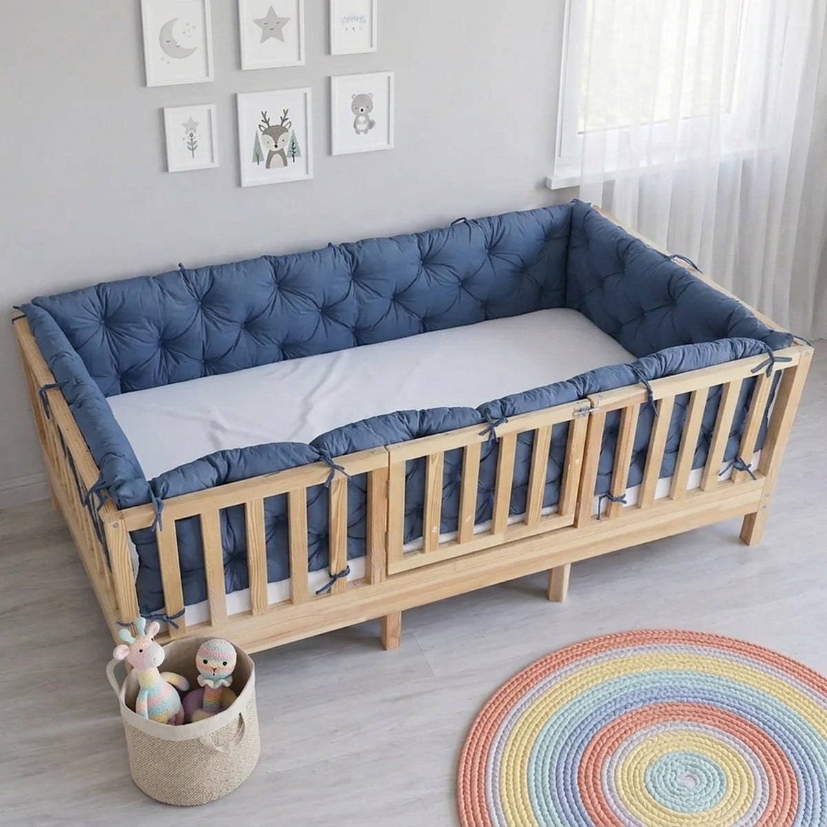 Beşik Kenar Koruma Minderi %100 Pamuk - Montessori Yatak Uyumlu - İndigo Mavi - Buble Soft