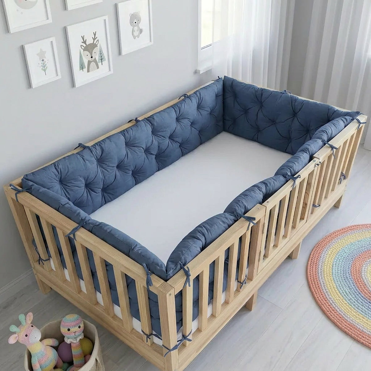 Beşik Kenar Koruma Minderi %100 Pamuk - Montessori Yatak Uyumlu - İndigo Mavi - Buble Soft