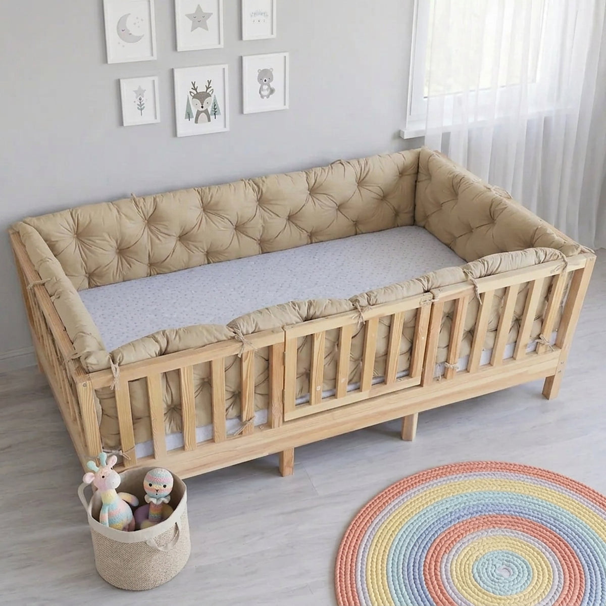 Beşik Kenar Koruma Minderi %100 Pamuk - Montessori Yatak Uyumlu - Kapiçino - Buble Soft