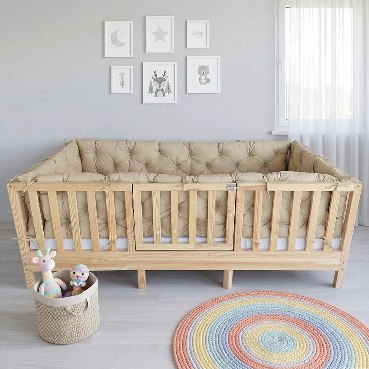 Beşik Kenar Koruma Minderi %100 Pamuk - Montessori Yatak Uyumlu - Kapiçino - Buble Soft