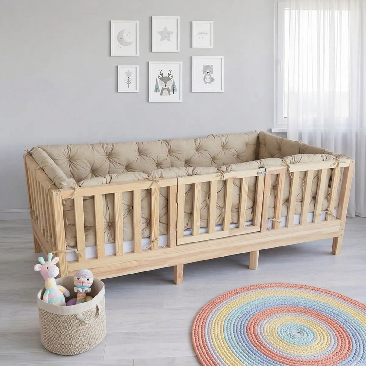 Beşik Kenar Koruma Minderi %100 Pamuk - Montessori Yatak Uyumlu - Kapiçino - Buble Soft