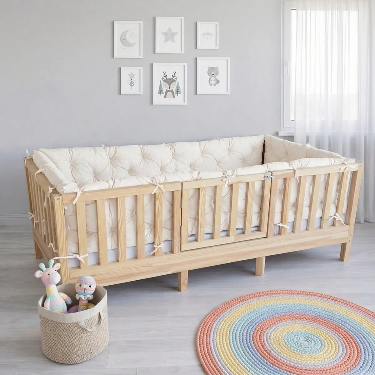 Beşik Kenar Koruma Minderi %100 Pamuk - Montessori Yatak Uyumlu - Kırık Beyaz - Buble Soft