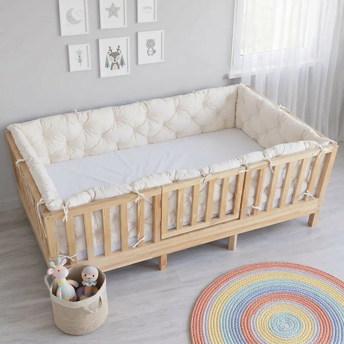 Beşik Kenar Koruma Minderi %100 Pamuk - Montessori Yatak Uyumlu - Kırık Beyaz - Buble Soft