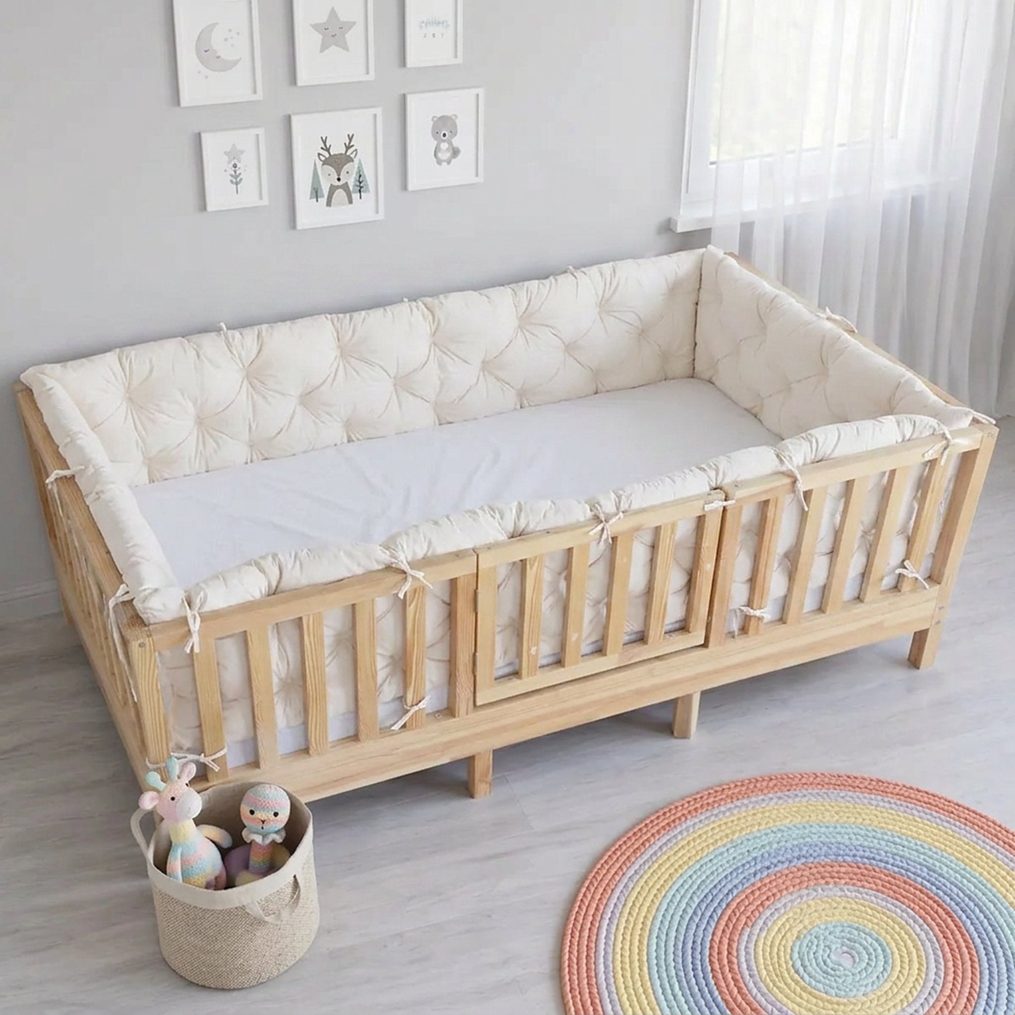 Beşik Kenar Koruma Minderi %100 Pamuk - Montessori Yatak Uyumlu - Kırık Beyaz - Buble Soft