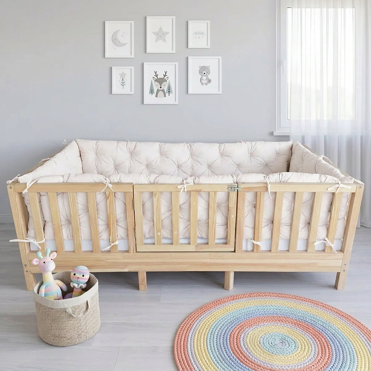 Beşik Kenar Koruma Minderi %100 Pamuk - Montessori Yatak Uyumlu - Kırık Beyaz - Buble Soft