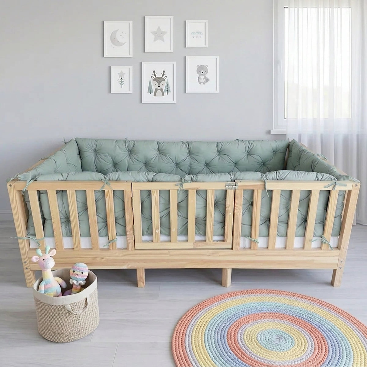 Beşik Kenar Koruma Minderi %100 Pamuk - Montessori Yatak Uyumlu - Nil Yeşili - Buble Soft