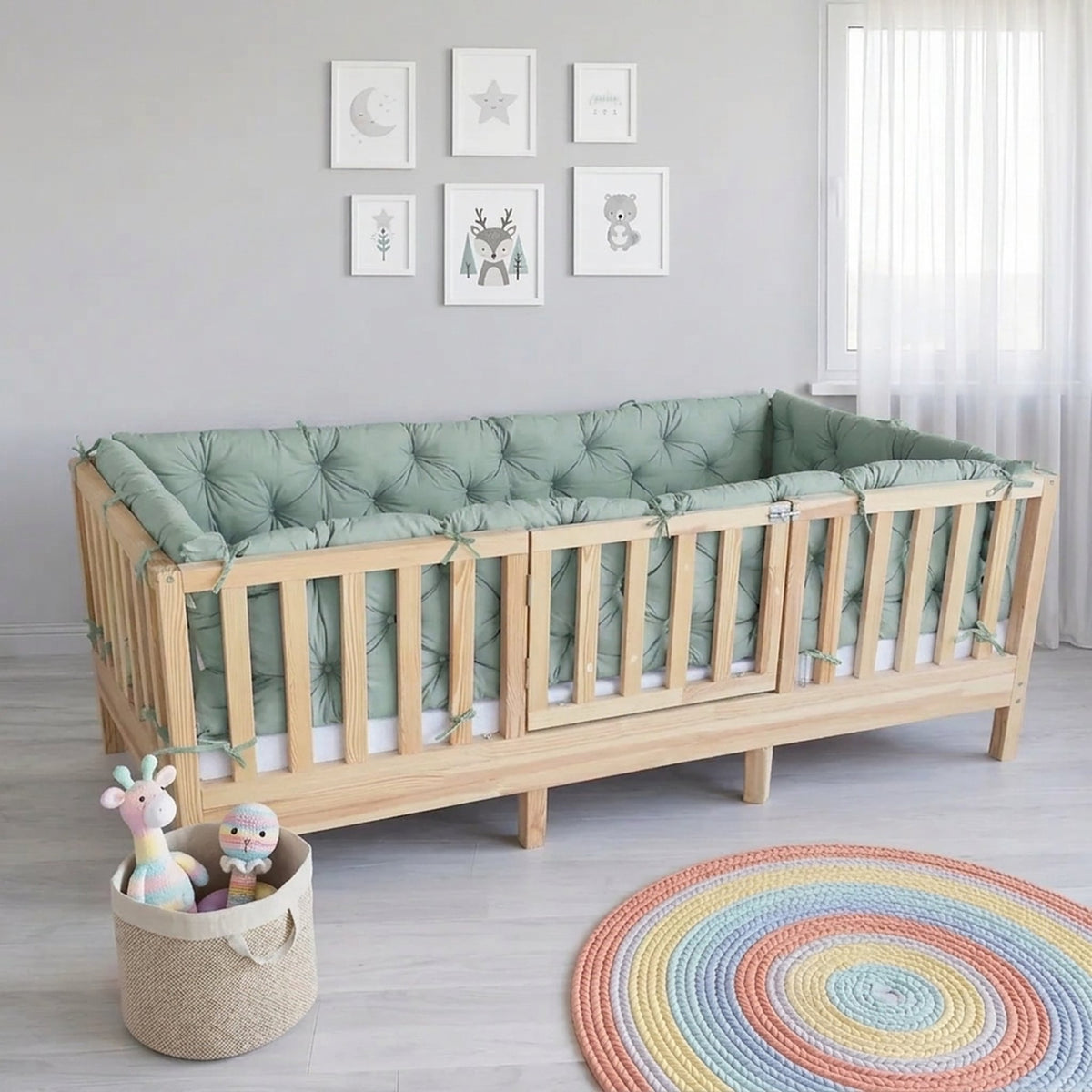Beşik Kenar Koruma Minderi %100 Pamuk - Montessori Yatak Uyumlu - Nil Yeşili - Buble Soft