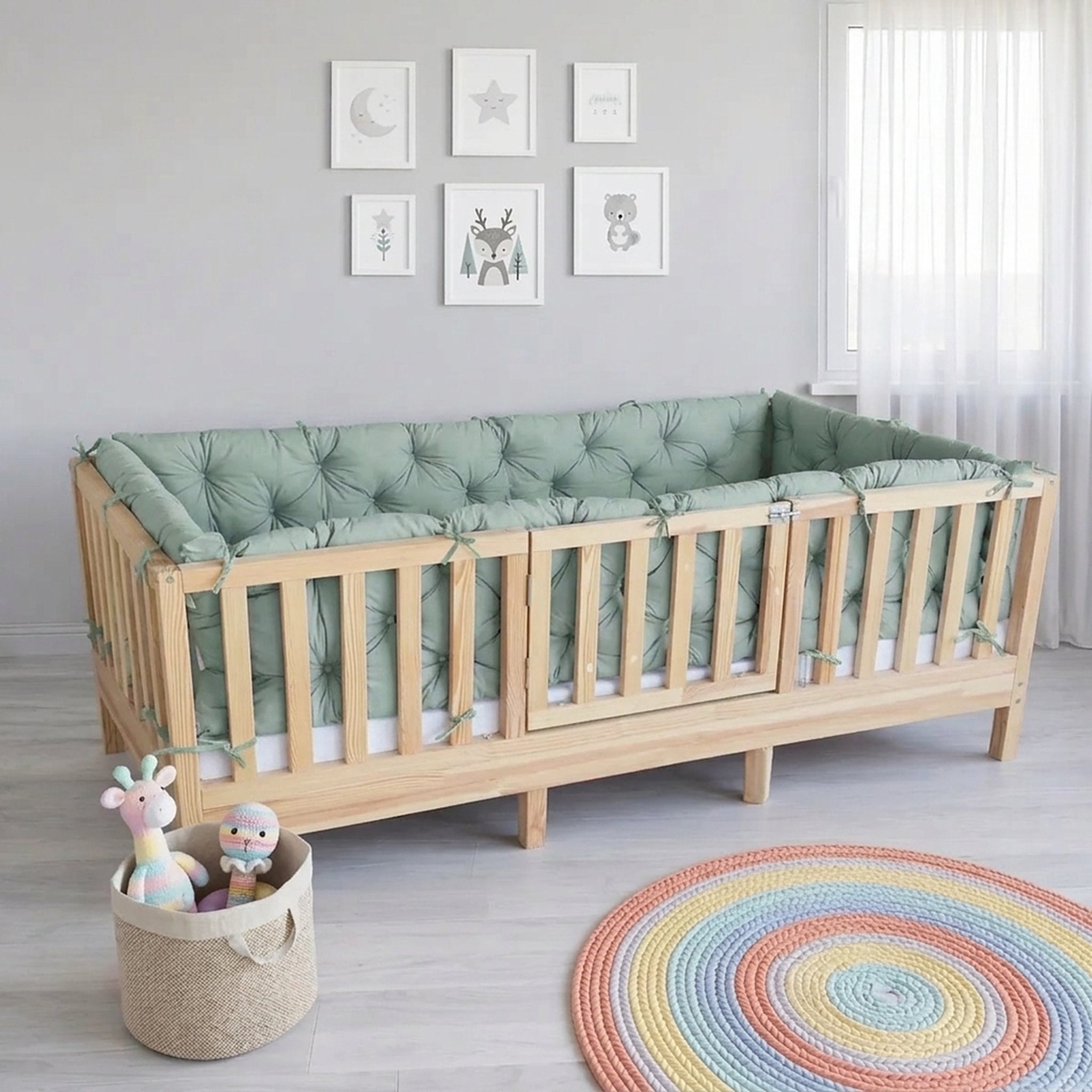 Beşik Kenar Koruma Minderi %100 Pamuk - Montessori Yatak Uyumlu - Nil Yeşili - Buble Soft