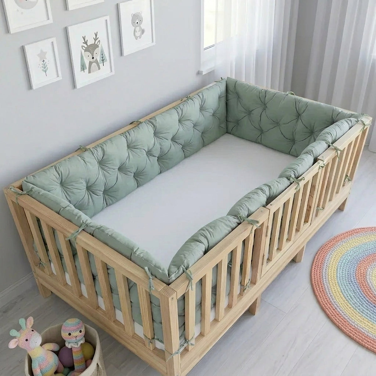 Beşik Kenar Koruma Minderi %100 Pamuk - Montessori Yatak Uyumlu - Nil Yeşili - Buble Soft
