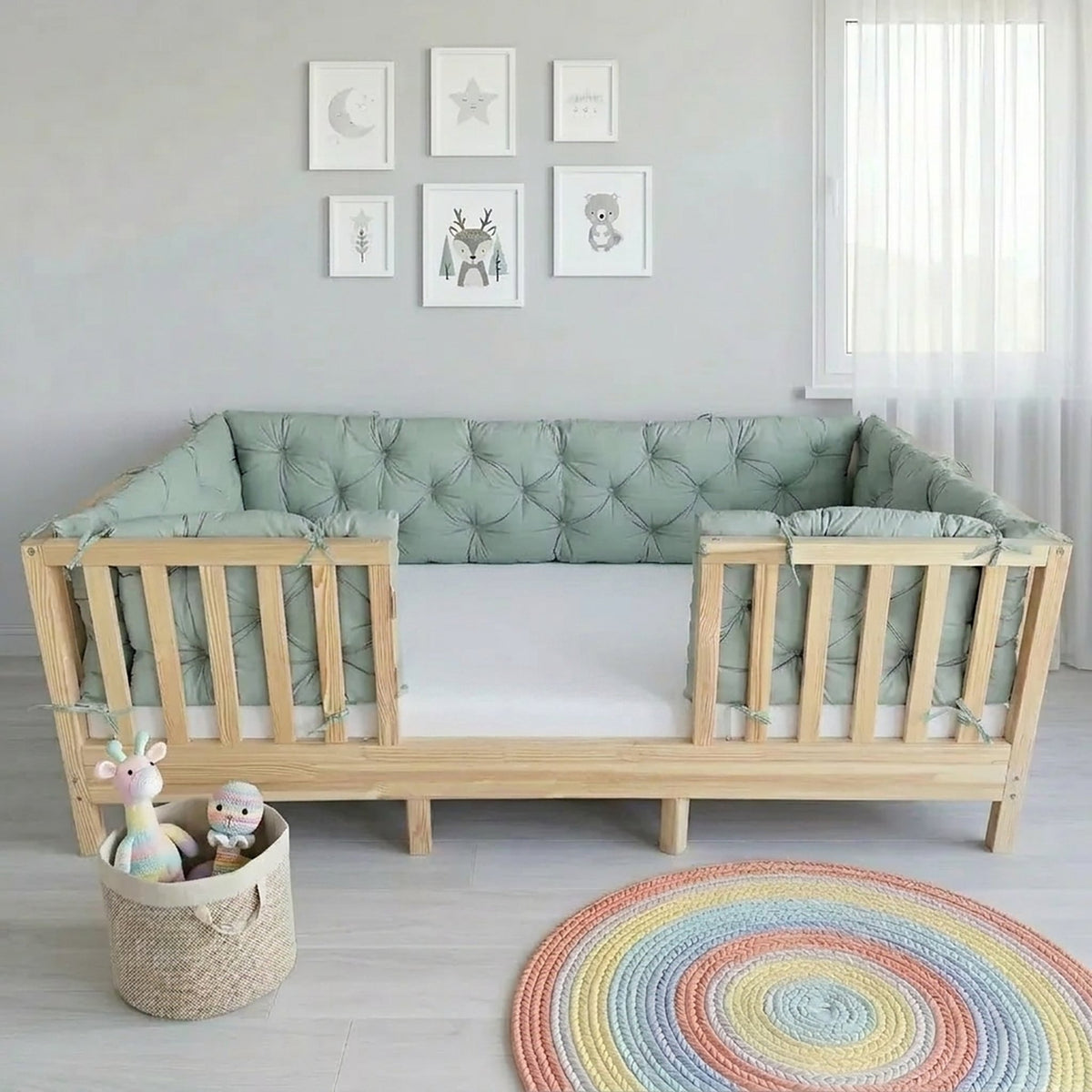 Beşik Kenar Koruma Minderi %100 Pamuk - Montessori Yatak Uyumlu - Nil Yeşili - Buble Soft