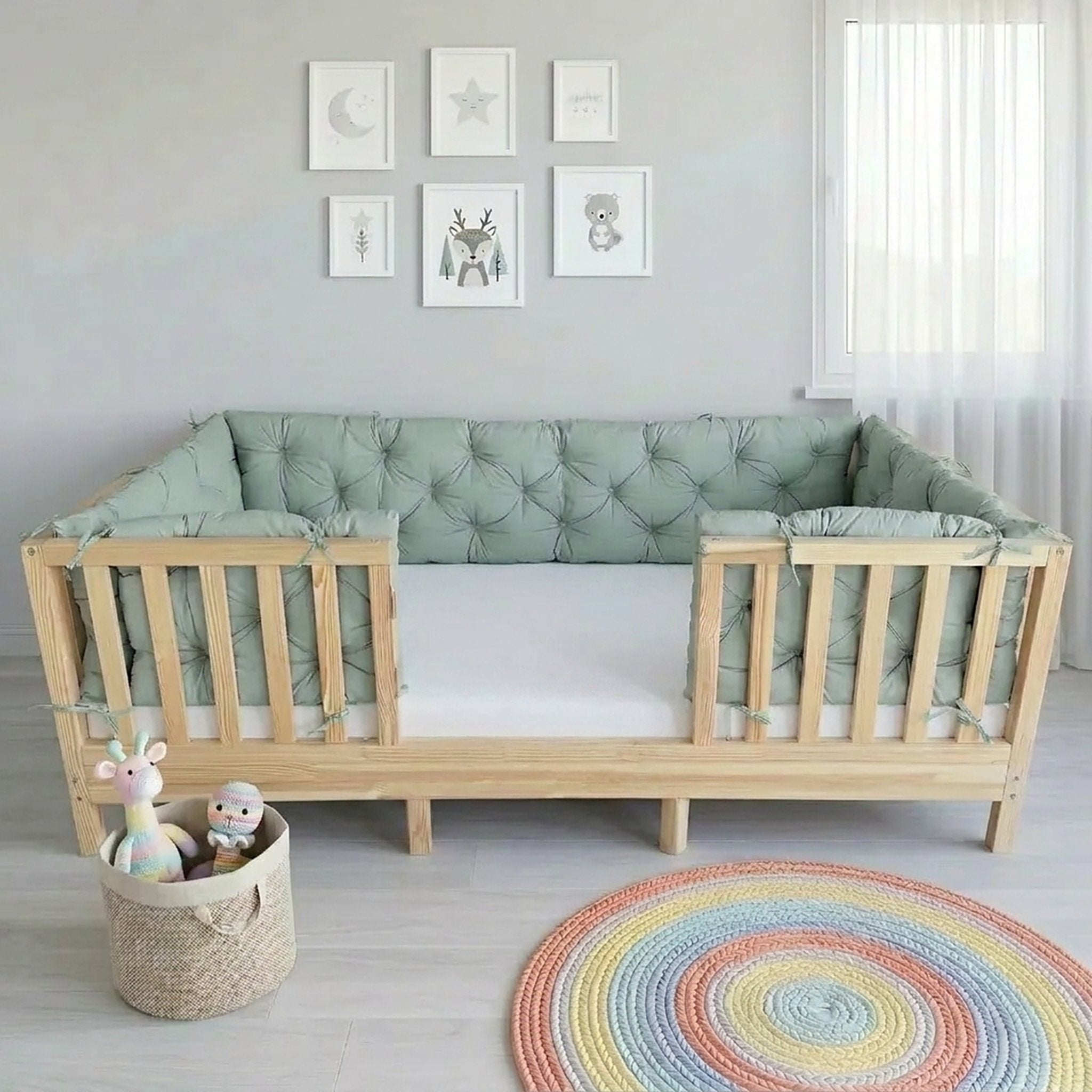 Beşik Kenar Koruma Minderi %100 Pamuk - Montessori Yatak Uyumlu - Nil Yeşili - Buble Soft