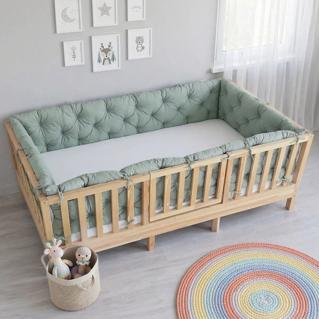 Beşik Kenar Koruma Minderi %100 Pamuk - Montessori Yatak Uyumlu - Nil Yeşili - Buble Soft