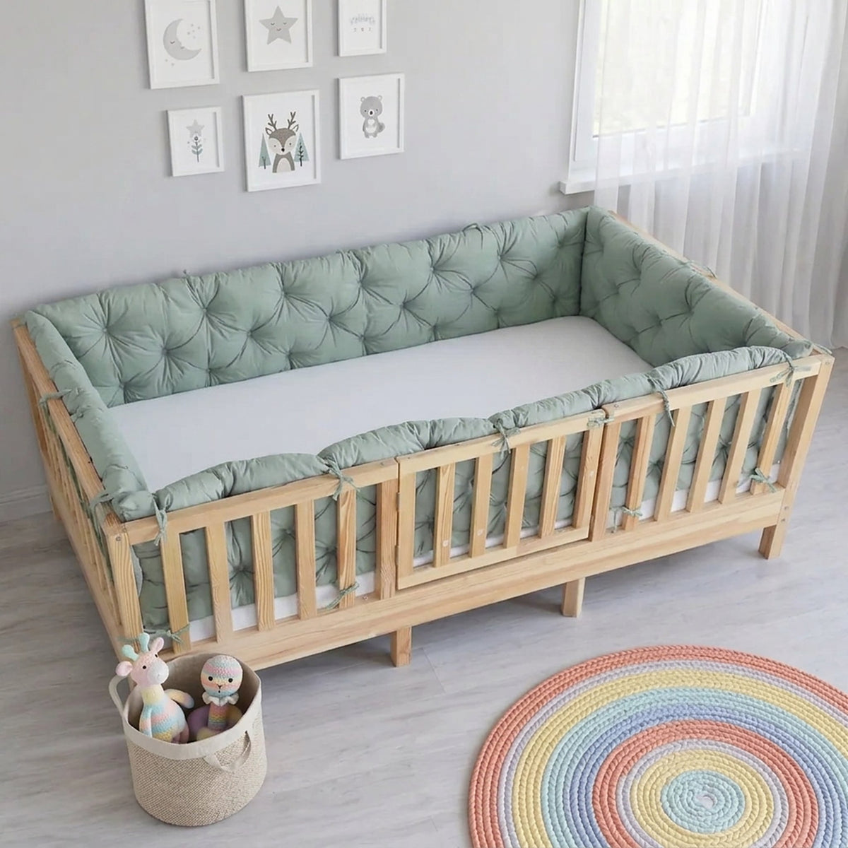 Beşik Kenar Koruma Minderi %100 Pamuk - Montessori Yatak Uyumlu - Nil Yeşili - Buble Soft
