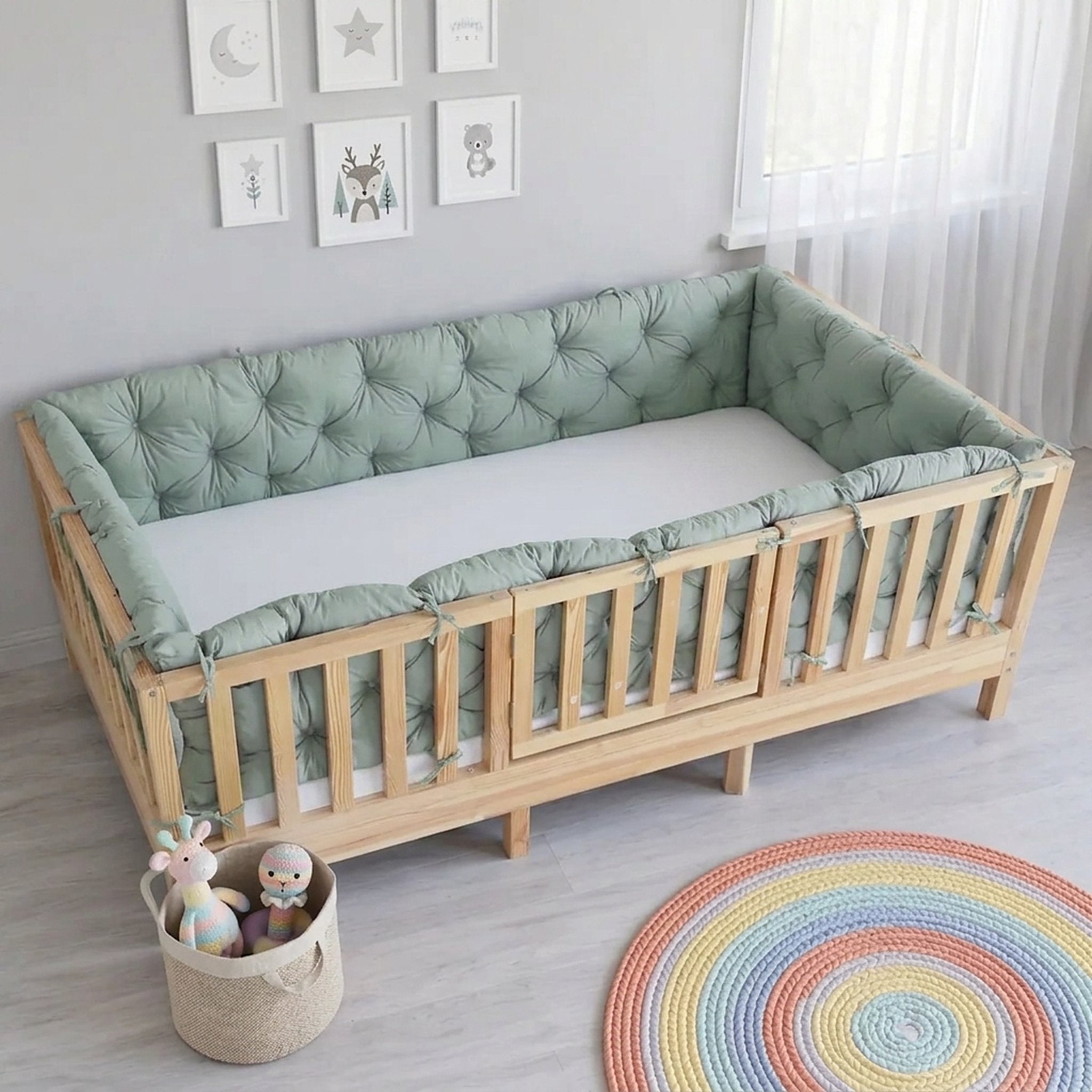 Beşik Kenar Koruma Minderi %100 Pamuk - Montessori Yatak Uyumlu - Nil Yeşili - Buble Soft