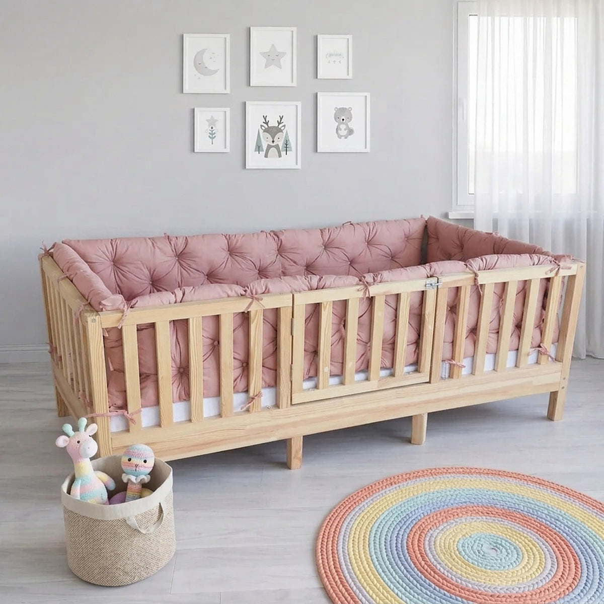 Beşik Kenar Koruma Minderi %100 Pamuk - Montessori Yatak Uyumlu - Pudra - Buble Soft