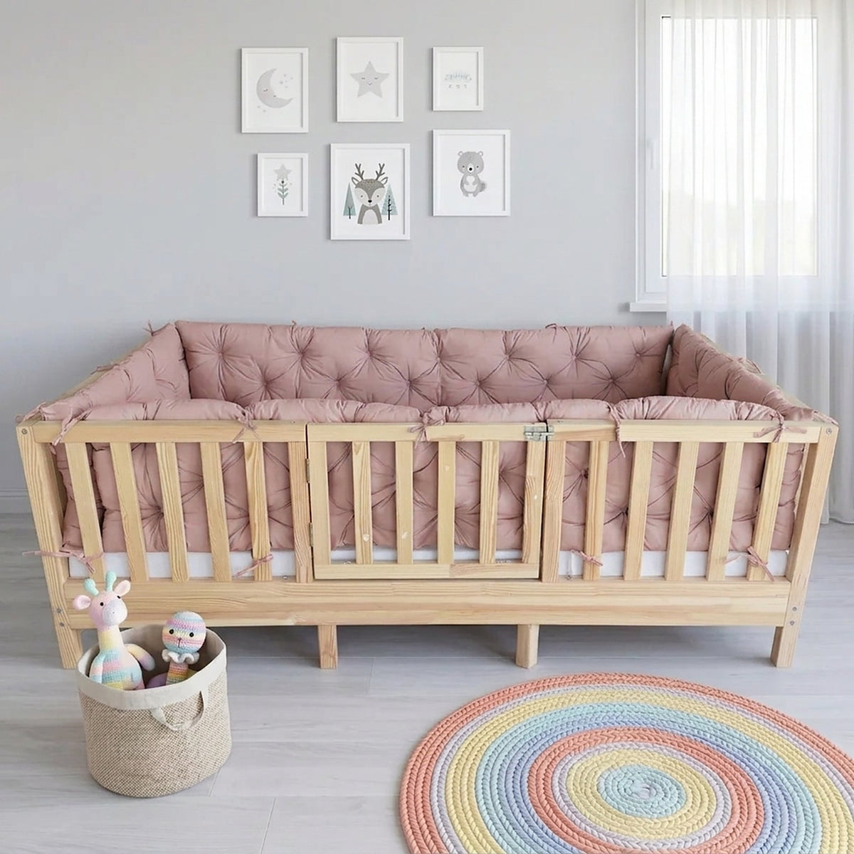 Beşik Kenar Koruma Minderi %100 Pamuk - Montessori Yatak Uyumlu - Pudra - Buble Soft