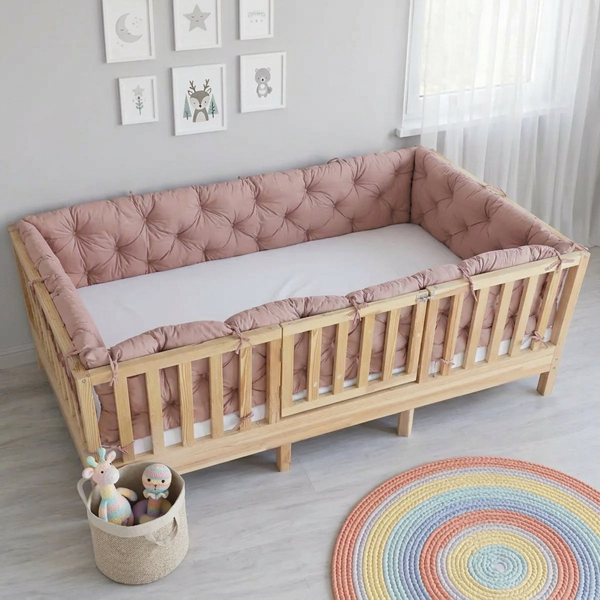 Beşik Kenar Koruma Minderi %100 Pamuk - Montessori Yatak Uyumlu - Pudra - Buble Soft