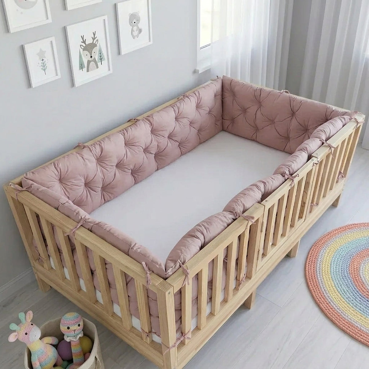 Beşik Kenar Koruma Minderi %100 Pamuk - Montessori Yatak Uyumlu - Pudra - Buble Soft