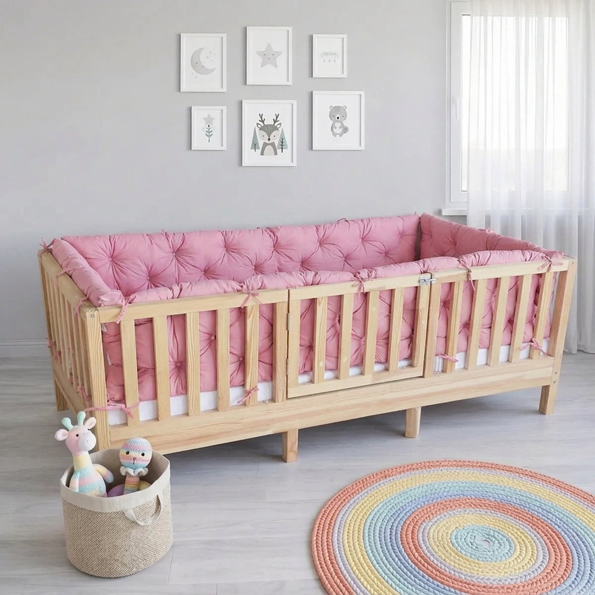 Beşik Kenar Koruma Minderi %100 Pamuk - Montessori Yatak Uyumlu - Şeker Pembe - Buble Soft