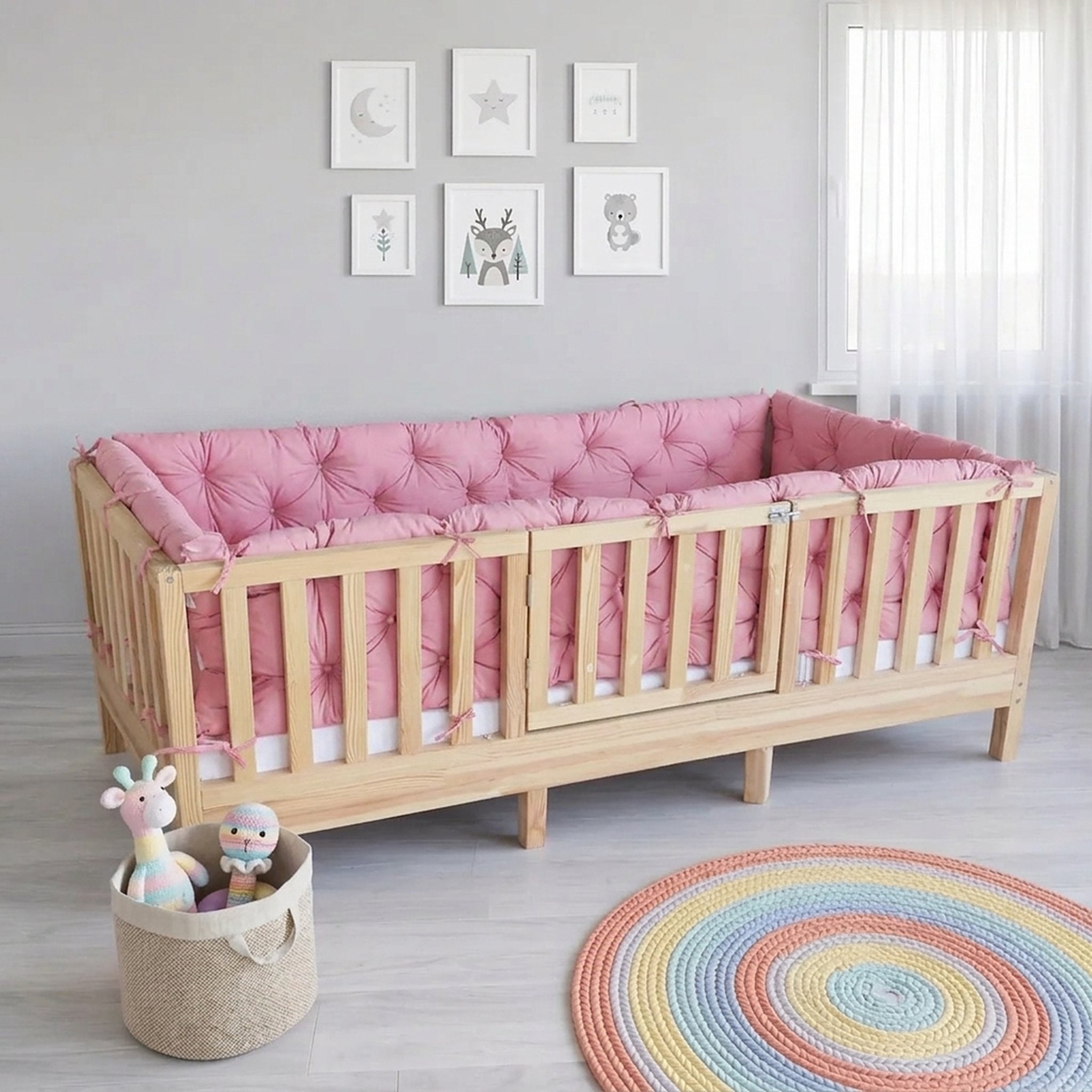 Beşik Kenar Koruma Minderi %100 Pamuk - Montessori Yatak Uyumlu - Şeker Pembe - Buble Soft