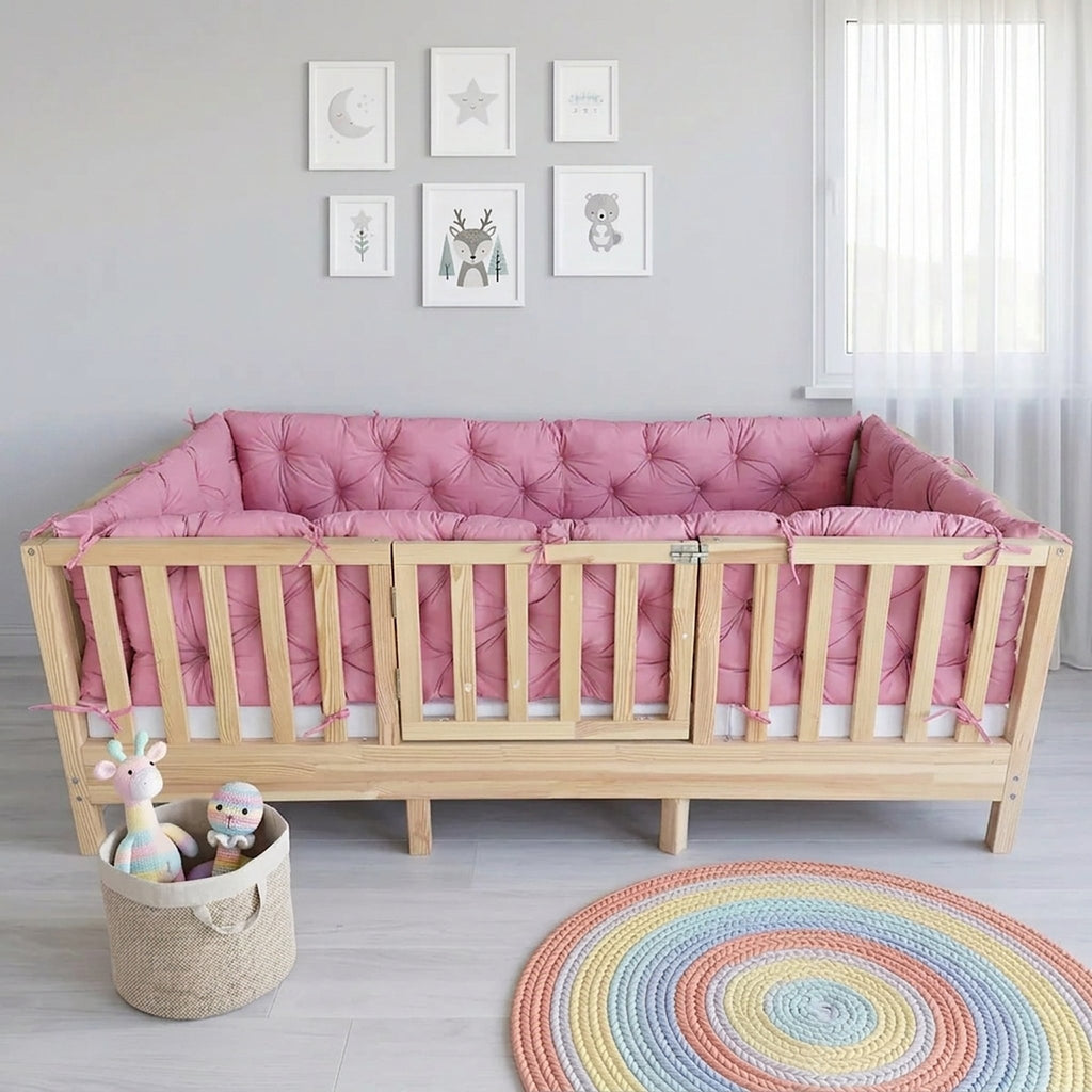 Beşik Kenar Koruma Minderi %100 Pamuk - Montessori Yatak Uyumlu - Şeker Pembe - Buble Soft