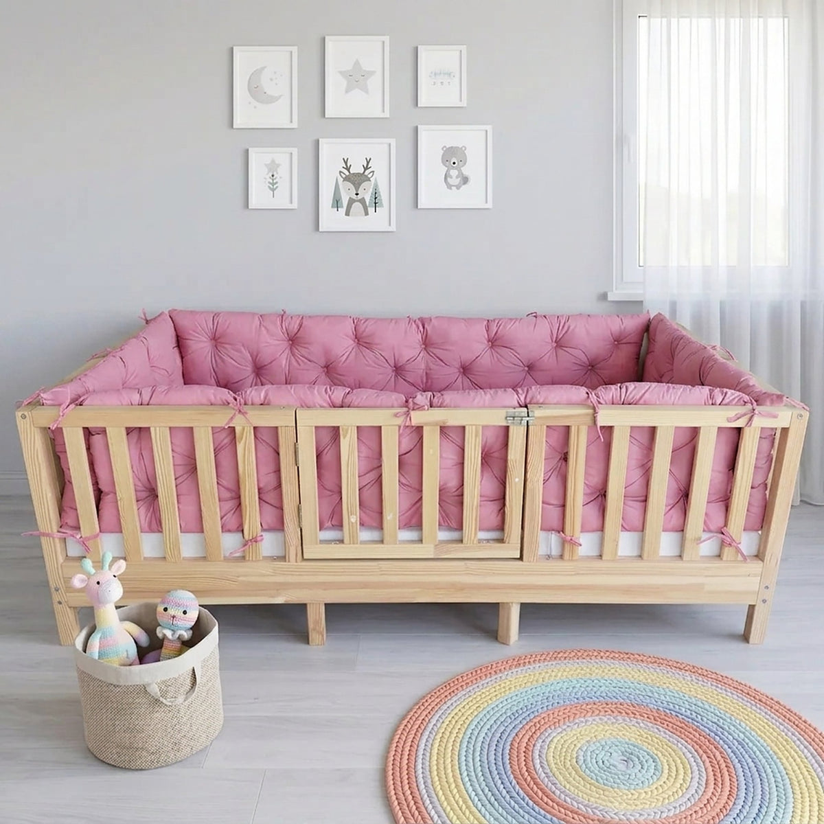 Beşik Kenar Koruma Minderi %100 Pamuk - Montessori Yatak Uyumlu - Şeker Pembe - Buble Soft