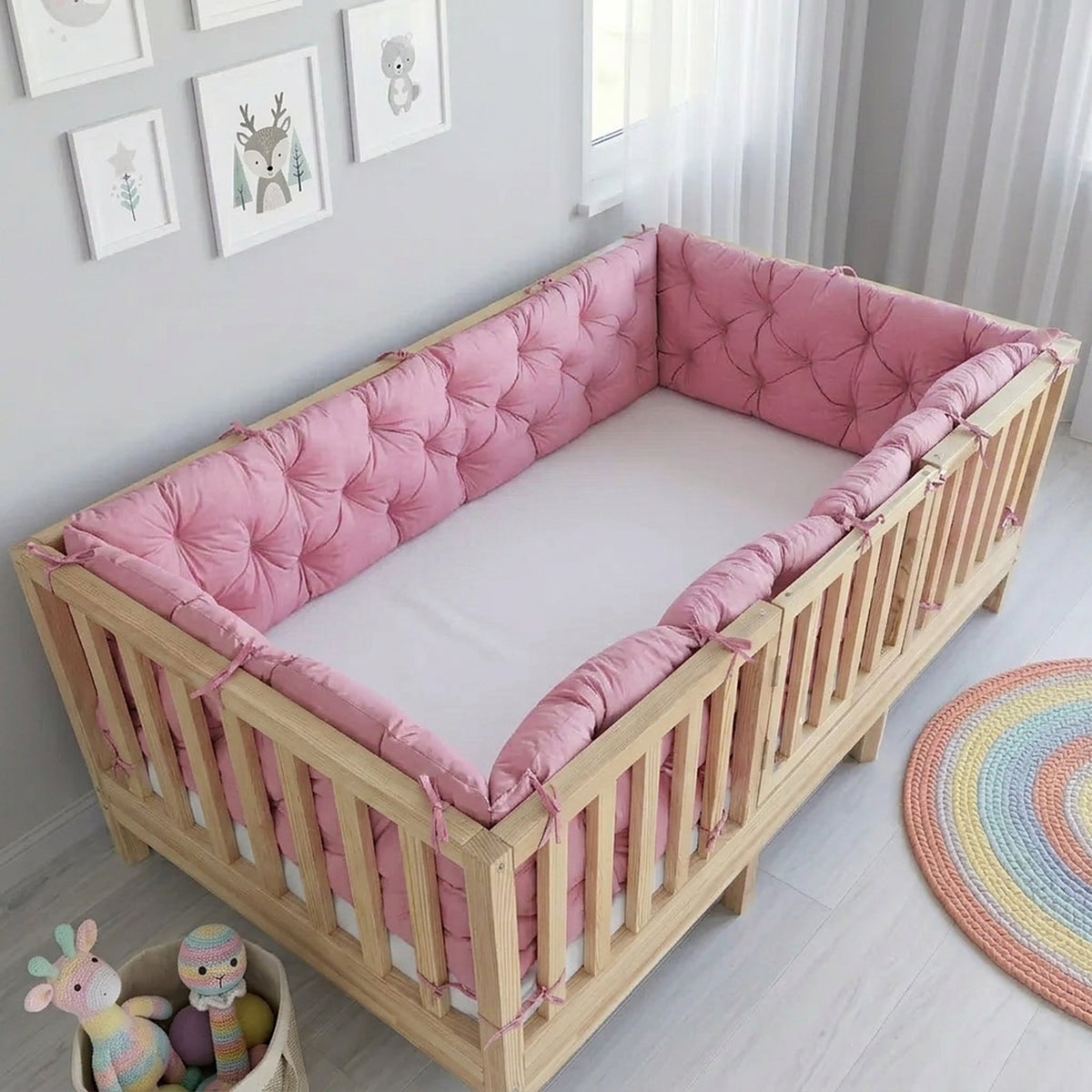 Beşik Kenar Koruma Minderi %100 Pamuk - Montessori Yatak Uyumlu - Şeker Pembe - Buble Soft