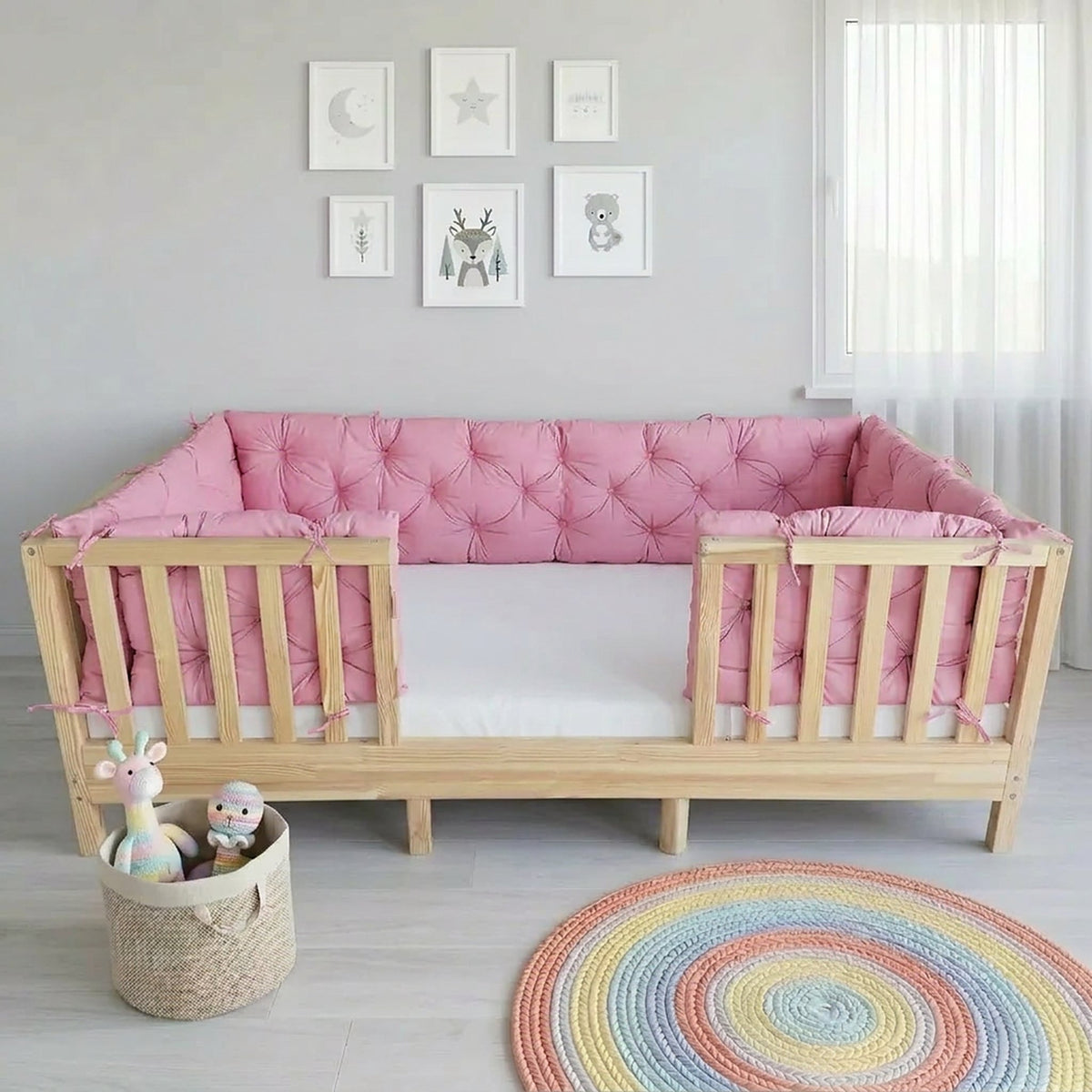 Beşik Kenar Koruma Minderi %100 Pamuk - Montessori Yatak Uyumlu - Şeker Pembe - Buble Soft
