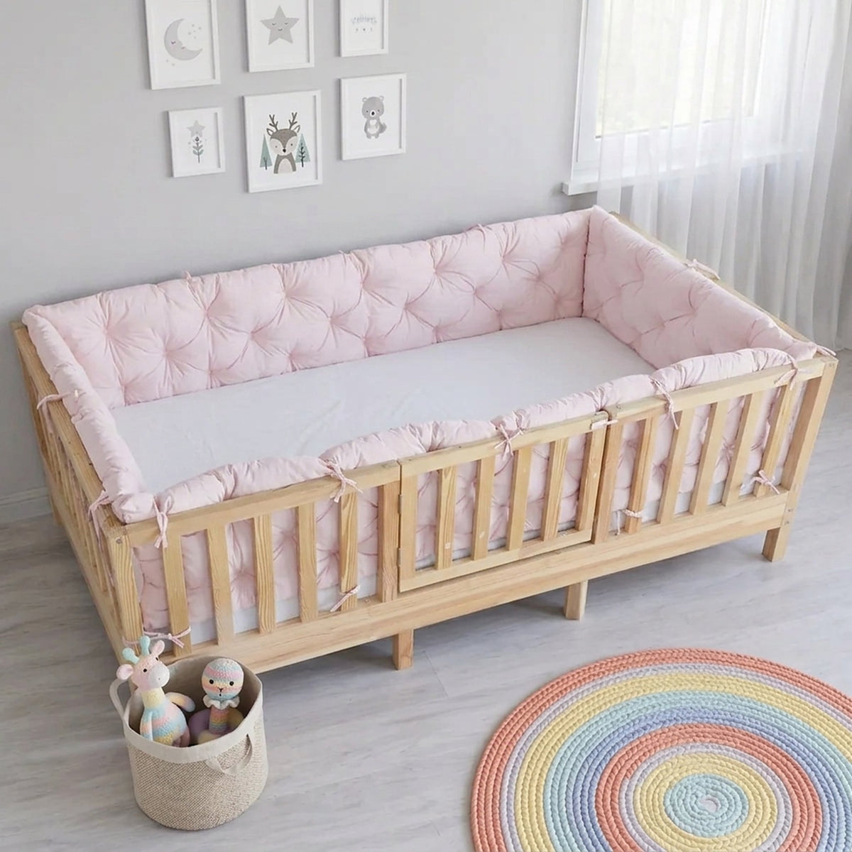 Beşik Kenar Koruma Minderi %100 Pamuk - Montessori Yatak Uyumlu - Toz Pembe - Buble Soft