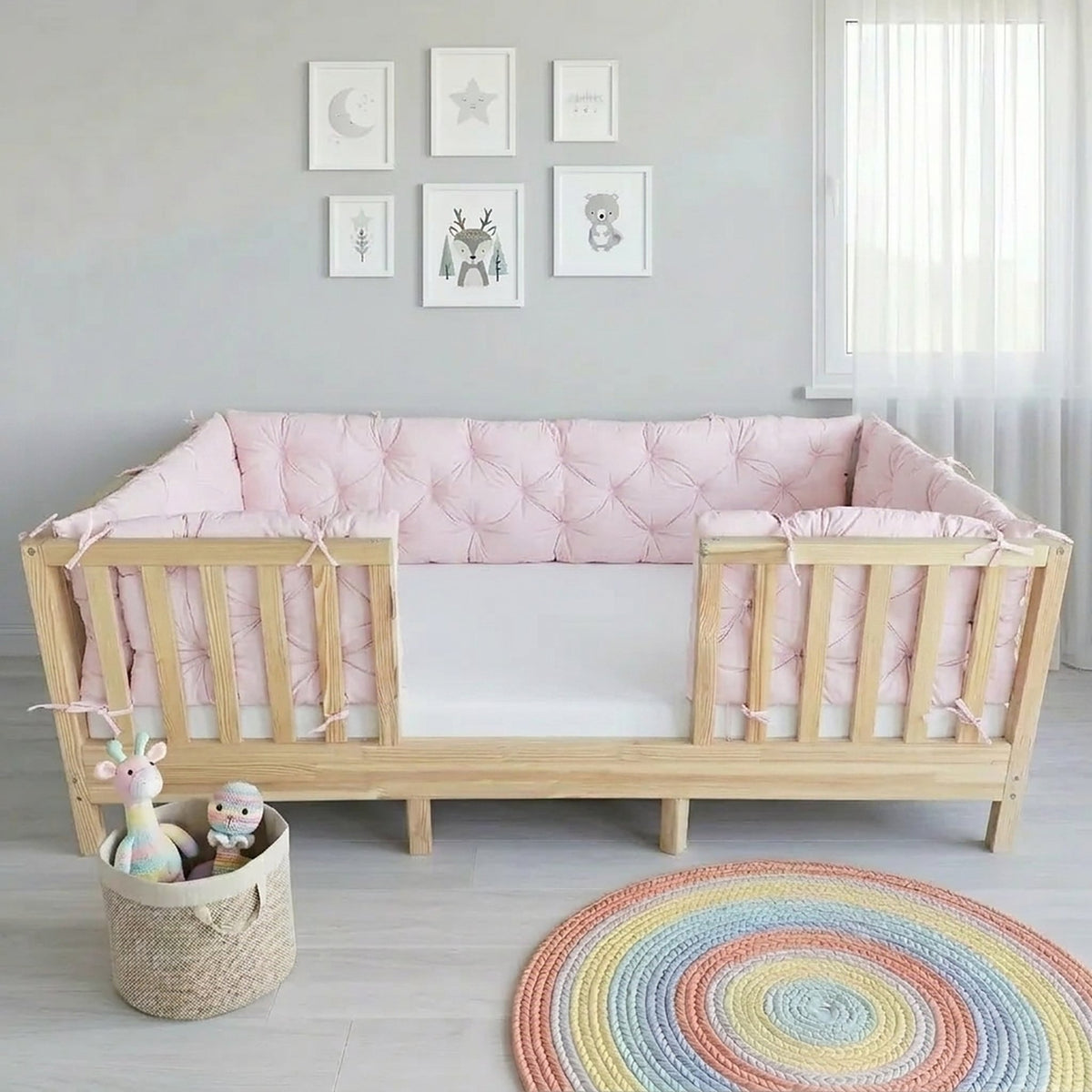 Beşik Kenar Koruma Minderi %100 Pamuk - Montessori Yatak Uyumlu - Toz Pembe - Buble Soft