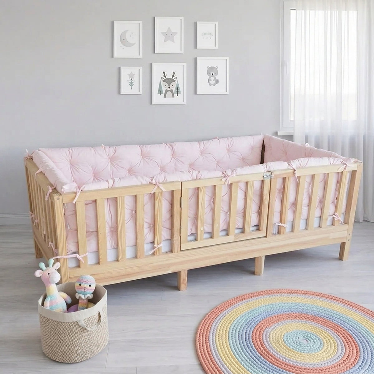 Beşik Kenar Koruma Minderi %100 Pamuk - Montessori Yatak Uyumlu - Toz Pembe - Buble Soft