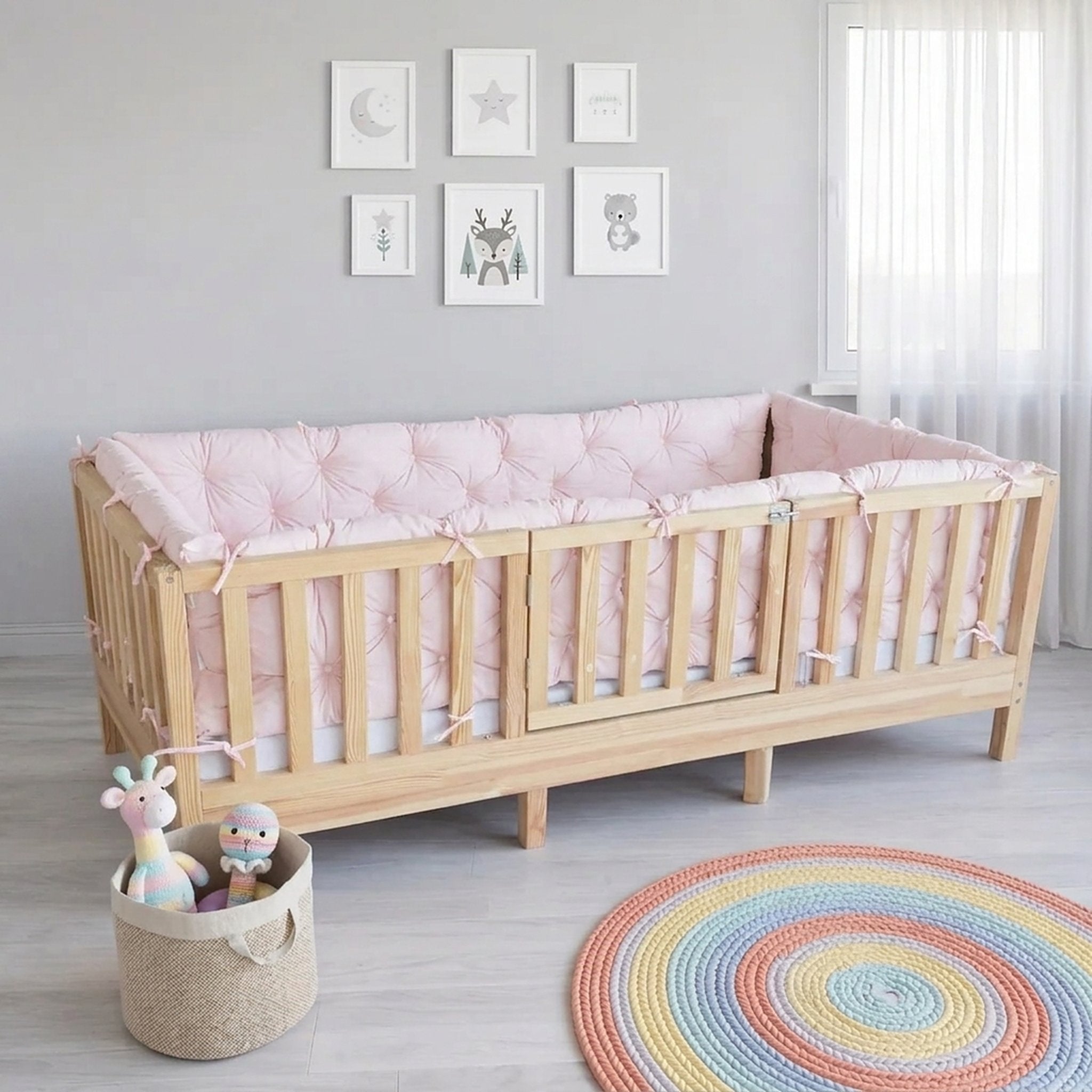 Beşik Kenar Koruma Minderi %100 Pamuk - Montessori Yatak Uyumlu - Toz Pembe - Buble Soft